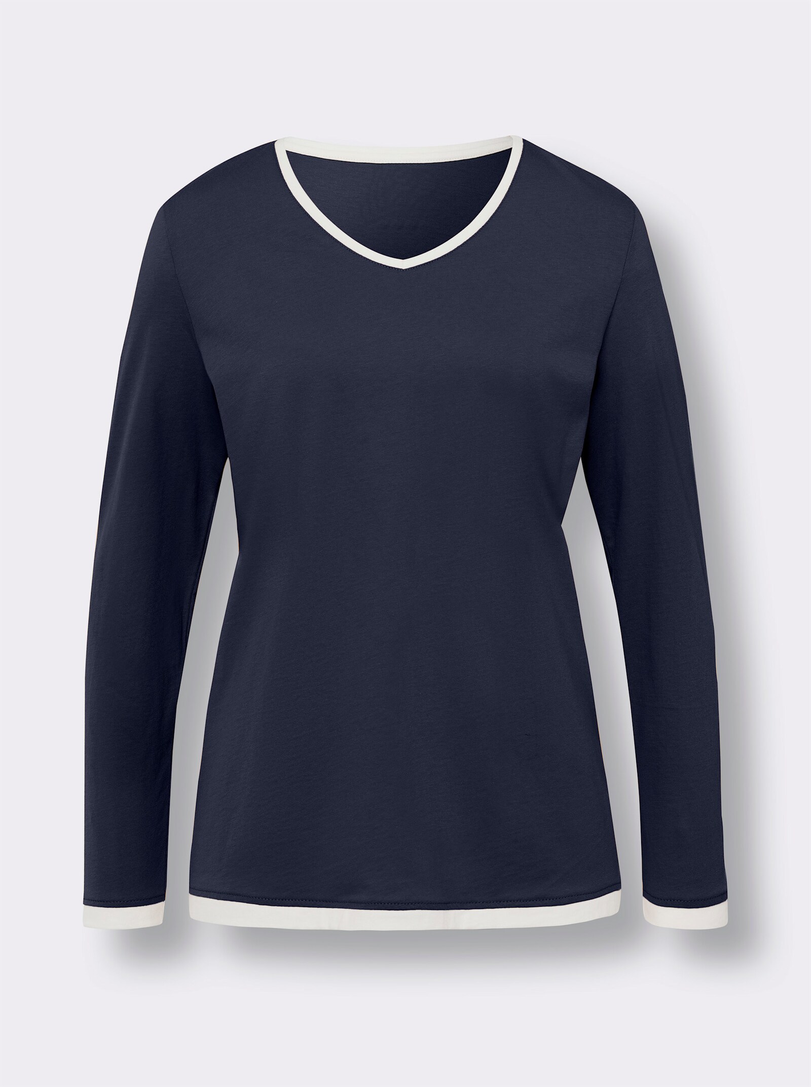 Shirt met lange mouwen en contrastbiezen - marine/ecru