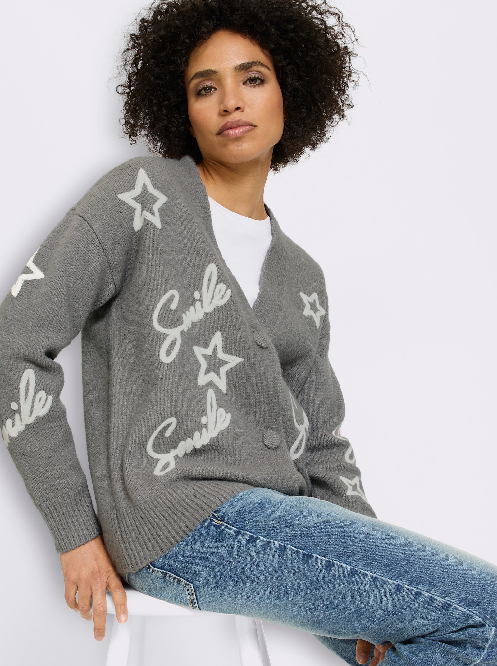 heine Vest met borduursel - grijs gemêleerd