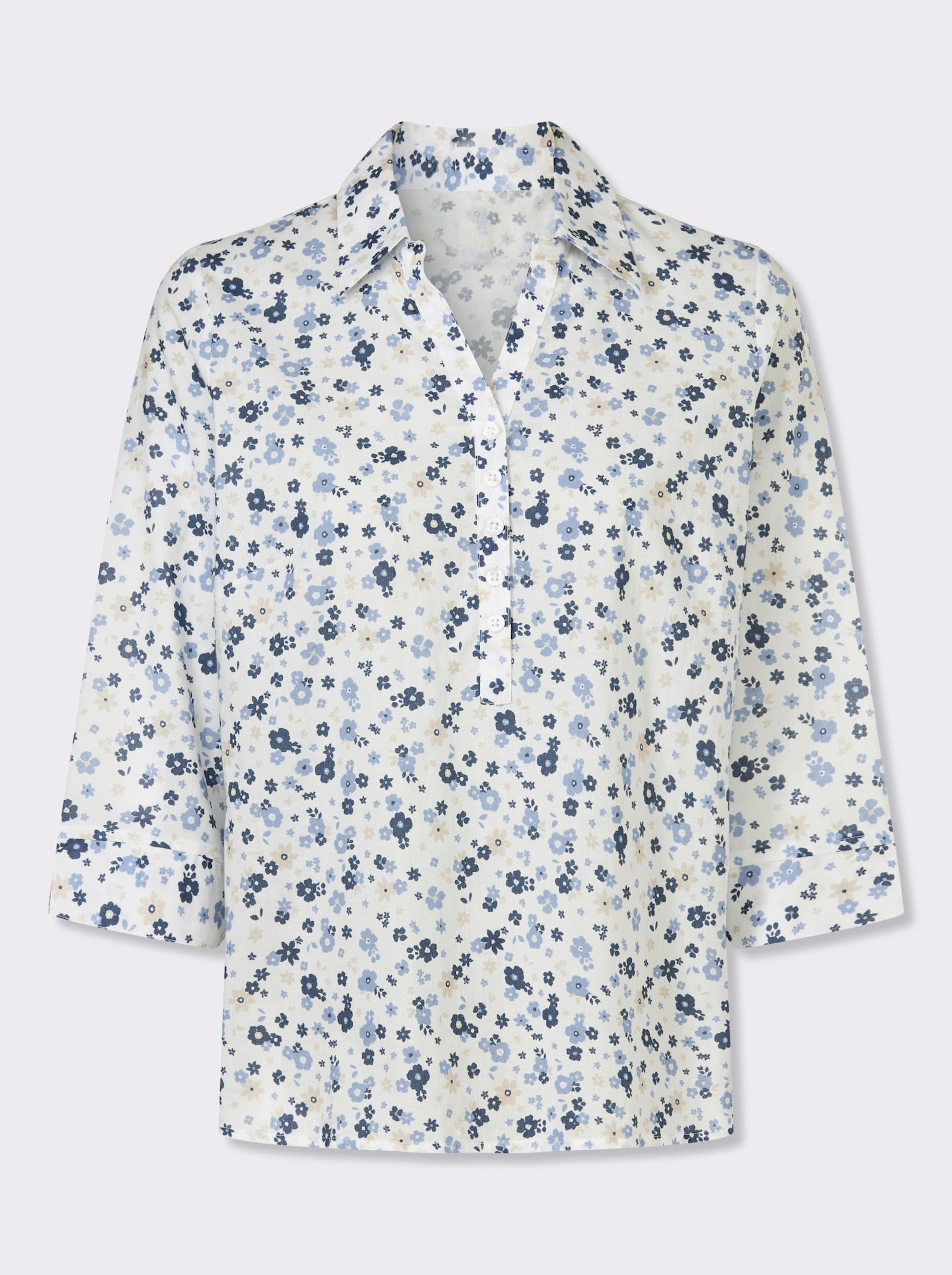 Bavlněná halenka s květinovým vzorem - ecru-modrá-potisk