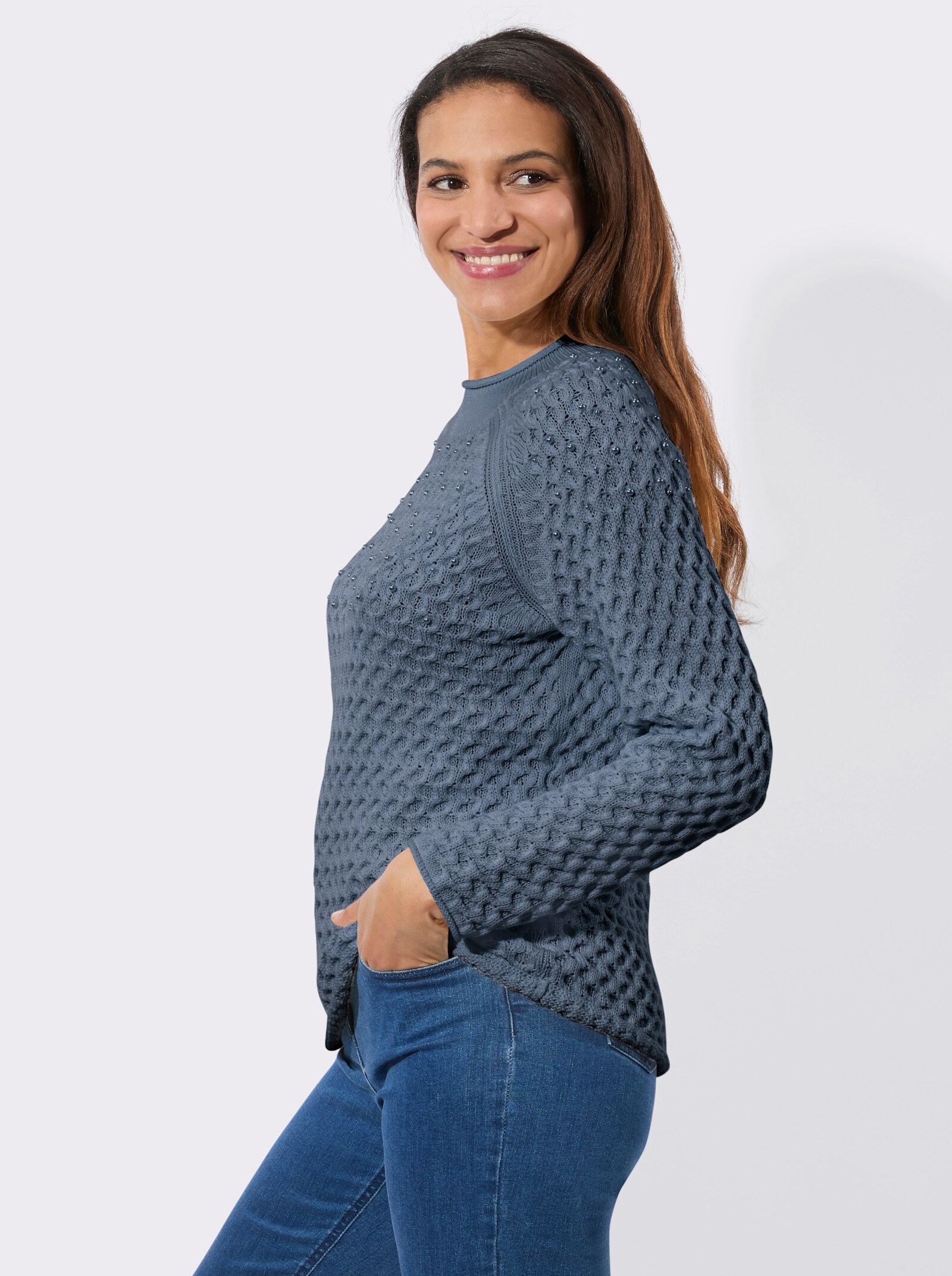 Stehkragenpullover mit Zierperlen - rauchblau