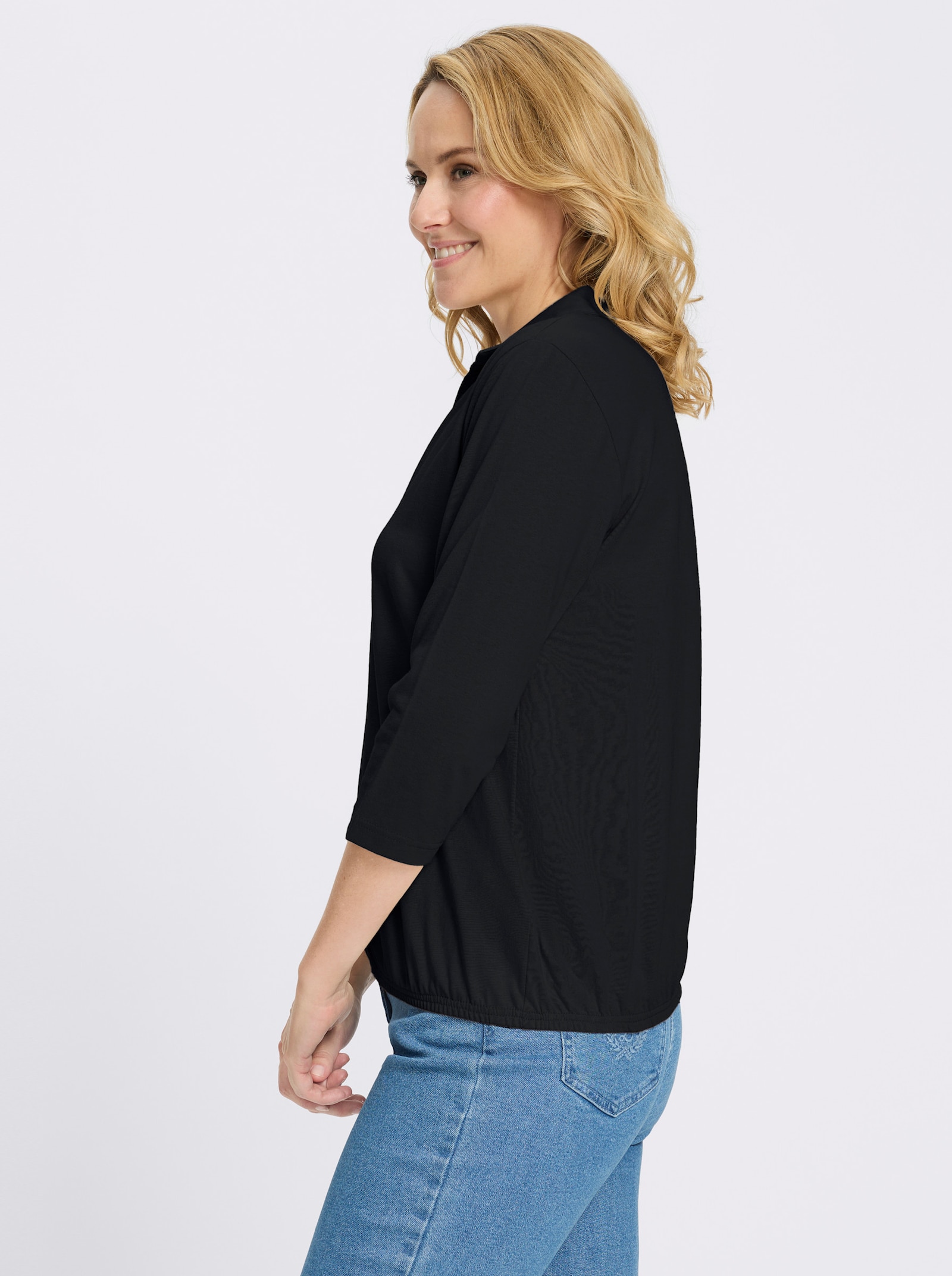 Poloshirt mit Gummizug am Saum - schwarz