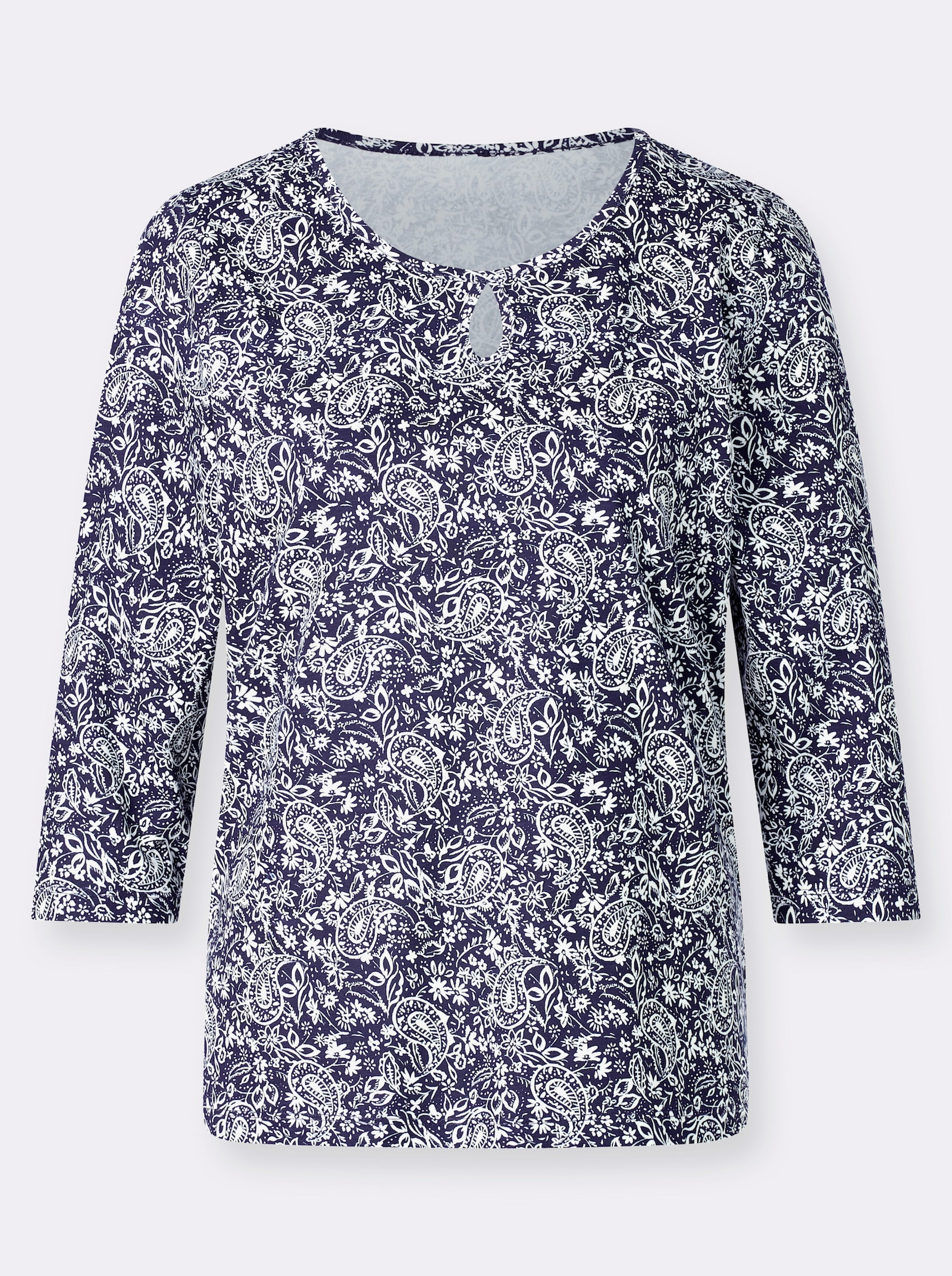 Shirt in paisleydessin, met ronde hals - marine/ecru geprint
