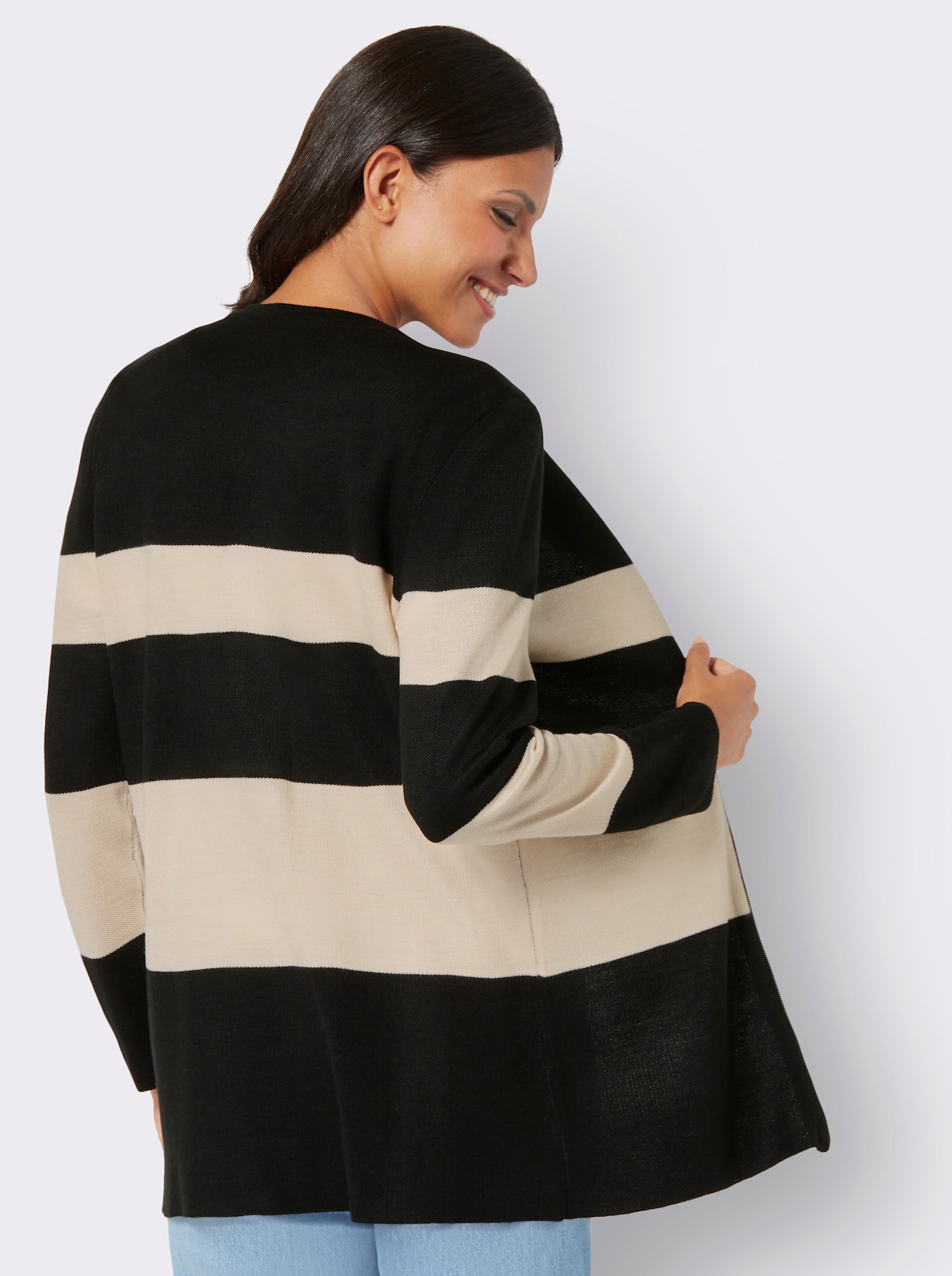 Longstrickjacke mit Glitzersteinchen - elfenbein-schwarz-gemustert