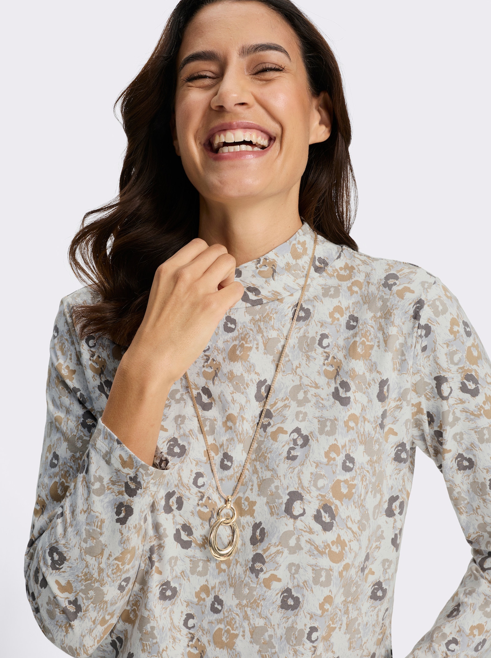 Stehkragenshirt - ecru-sesam-bedruckt