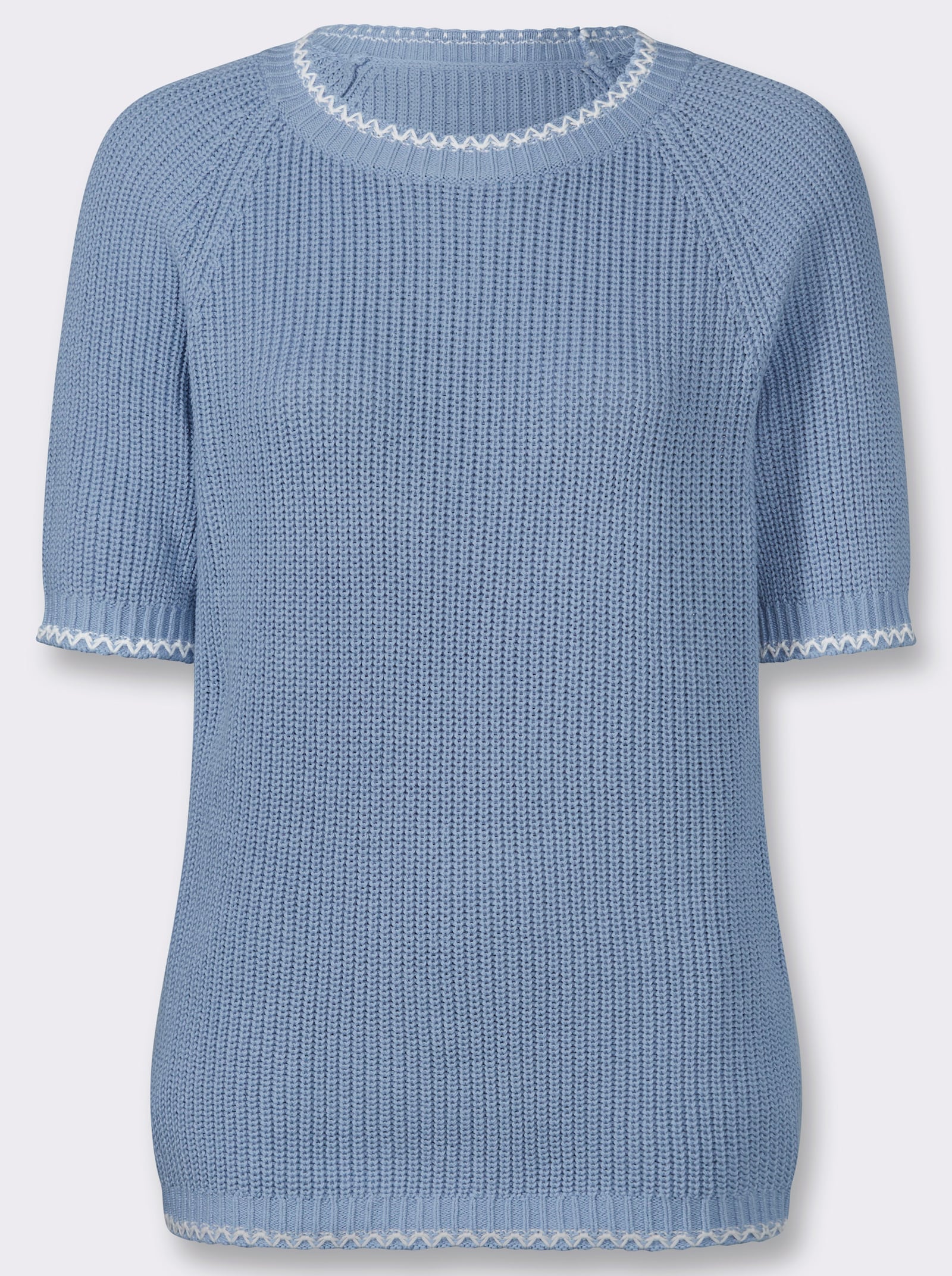 Kurzarmpullover mit Kontrast-Zierstichen - bleu-ecru-gemustert