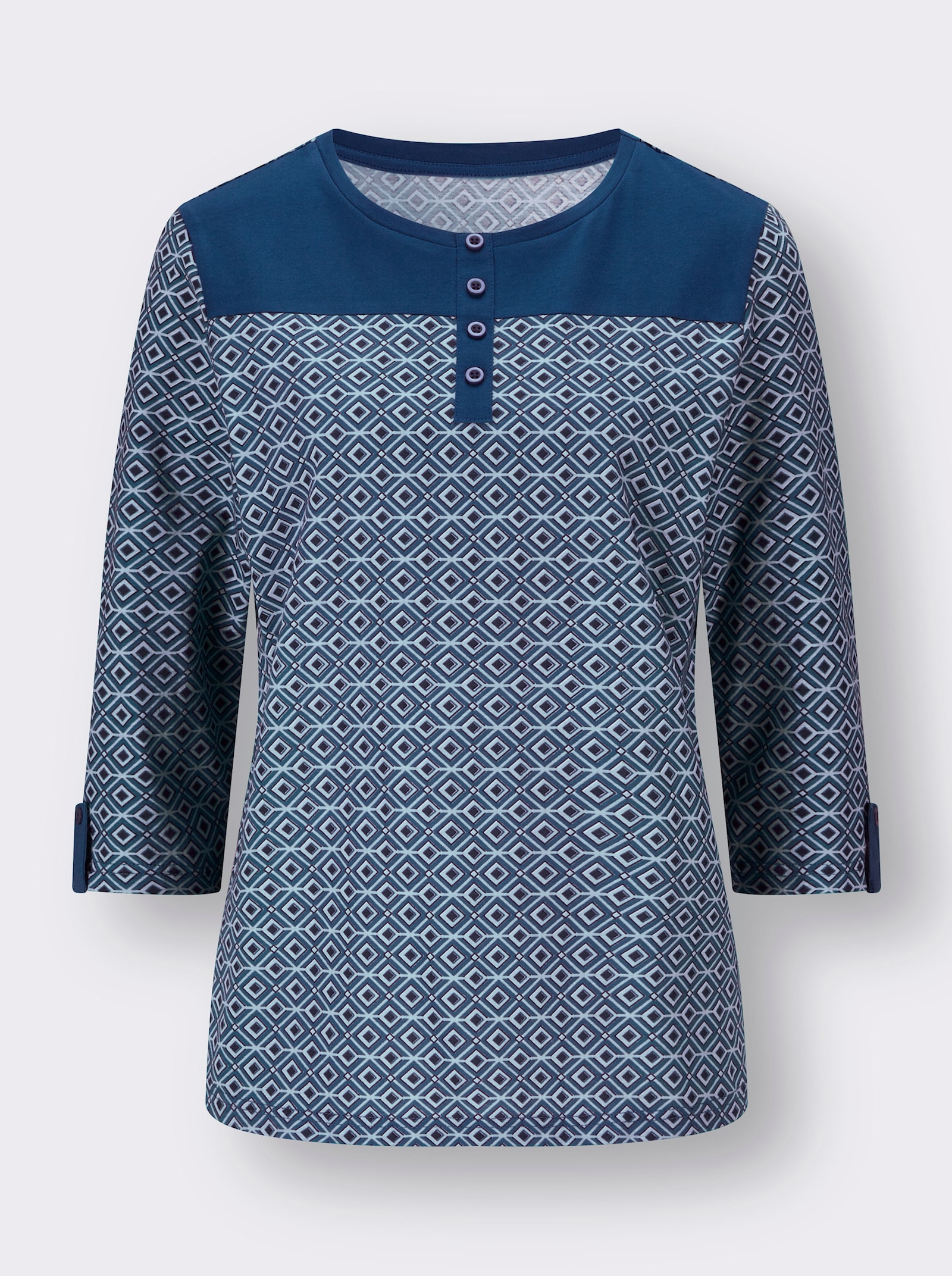 3/4-Arm-Shirt mit einfarbiger Schulterpasse - jeansblau-hellblau-bedruckt