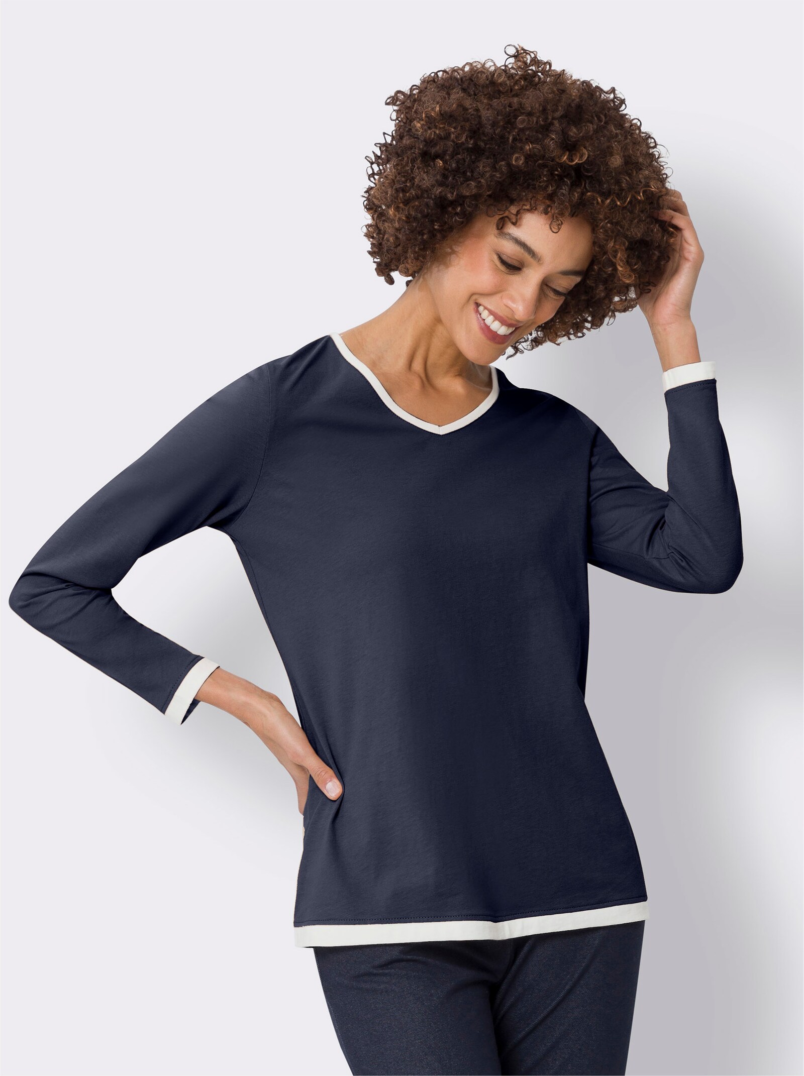 Shirt met lange mouwen en contrastbiezen - marine/ecru