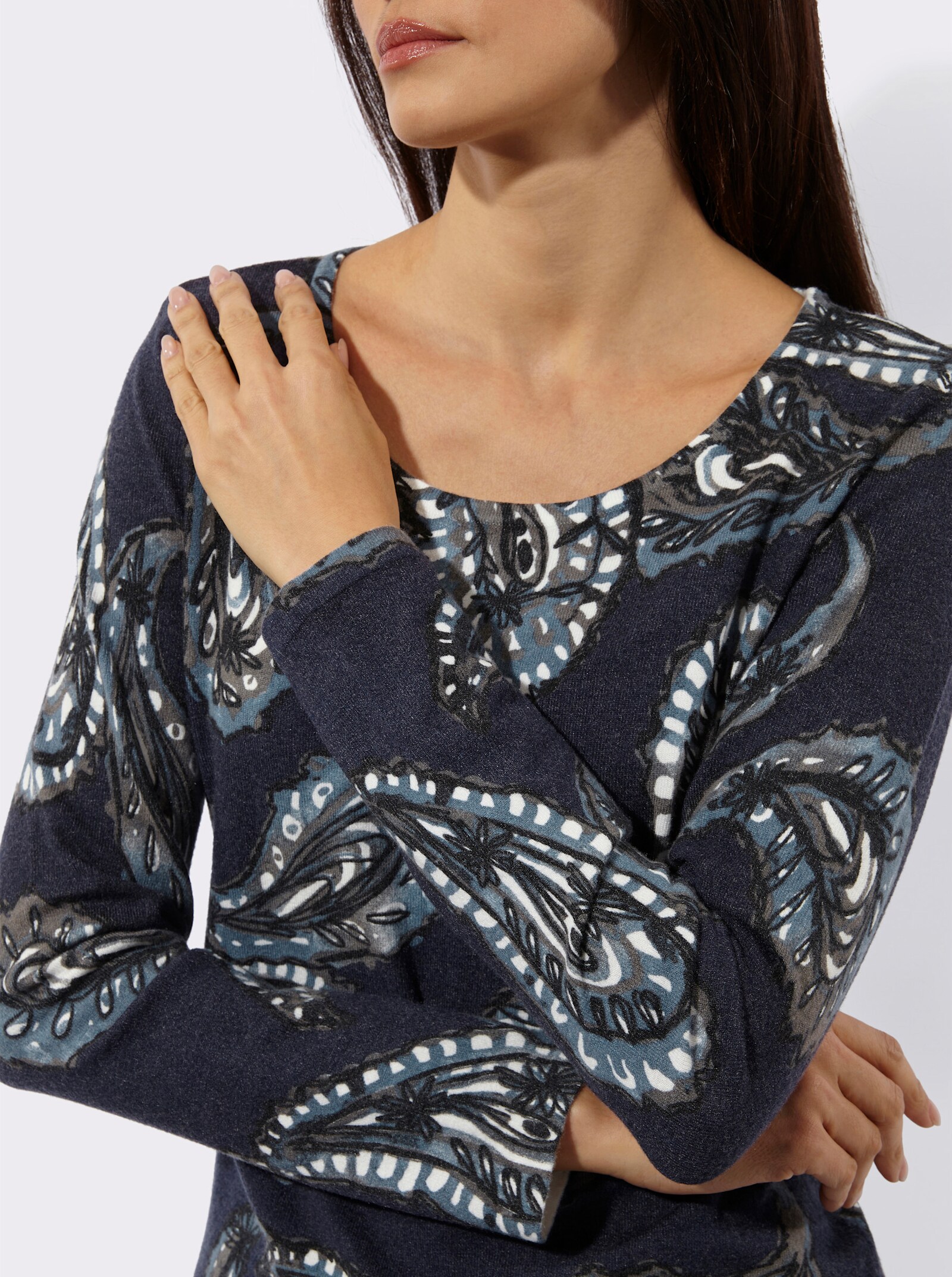 Feinstrickpullover mit Paisley-Dessin - marine-bedruckt