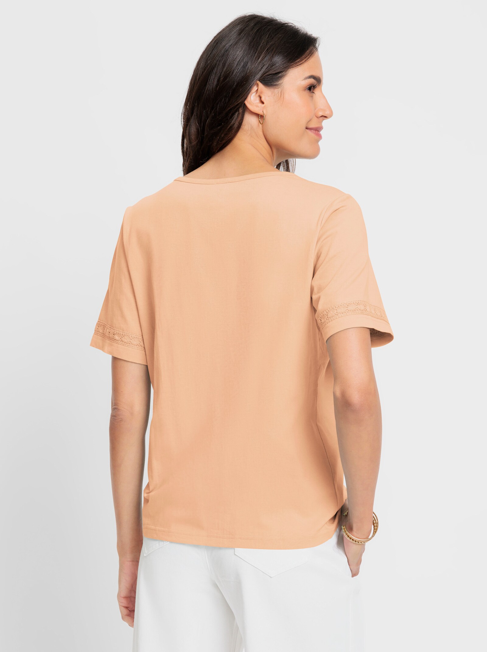 Kurzarmshirt mit Stickerei und Biesen - apricot
