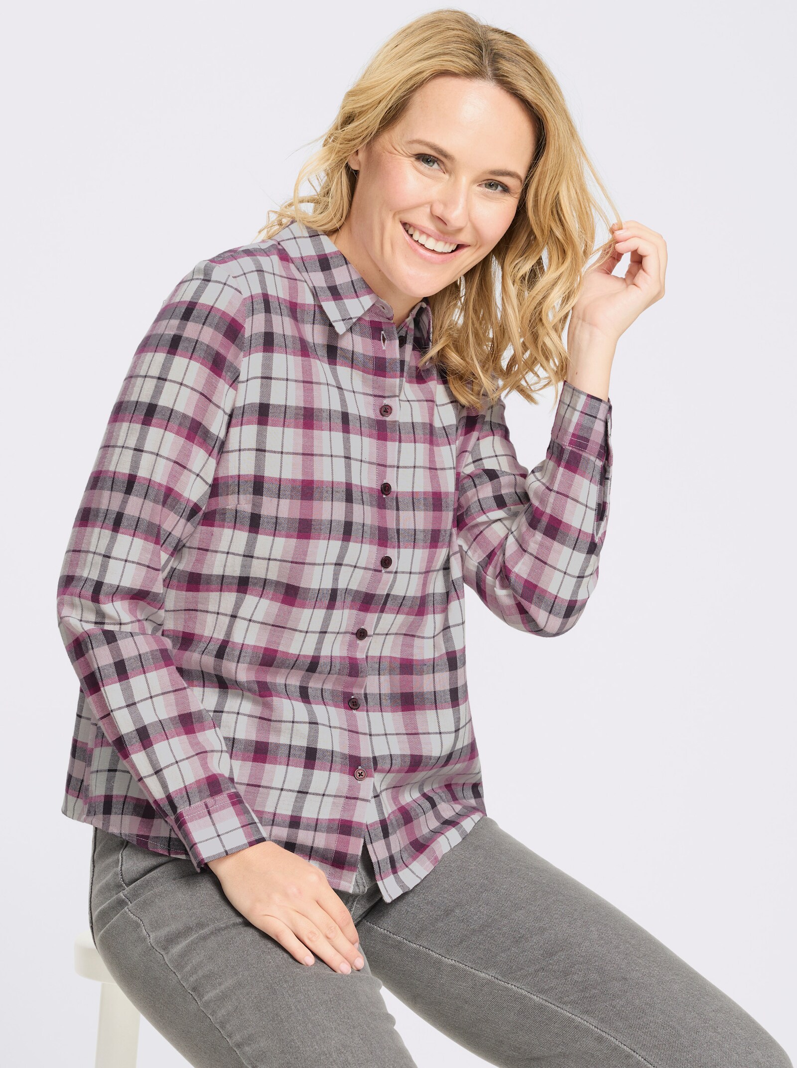 Flanellbluse aus reiner Baumwolle, Webkaro - ecru-aubergine-kariert