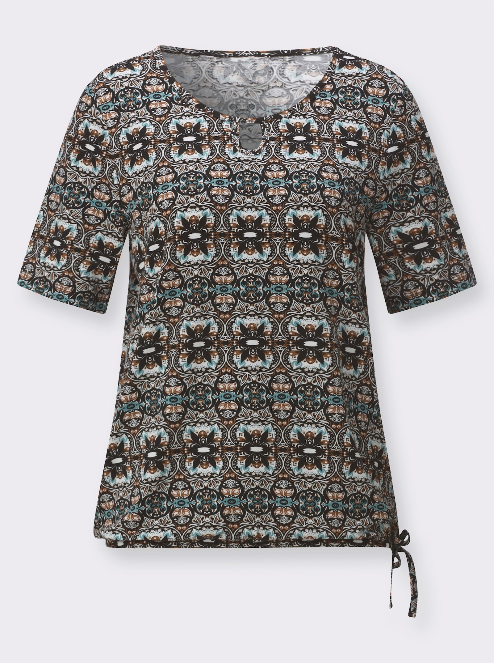 Kurzarmshirt mit Gummizug am Saum - schwarz-cognac-bedruckt