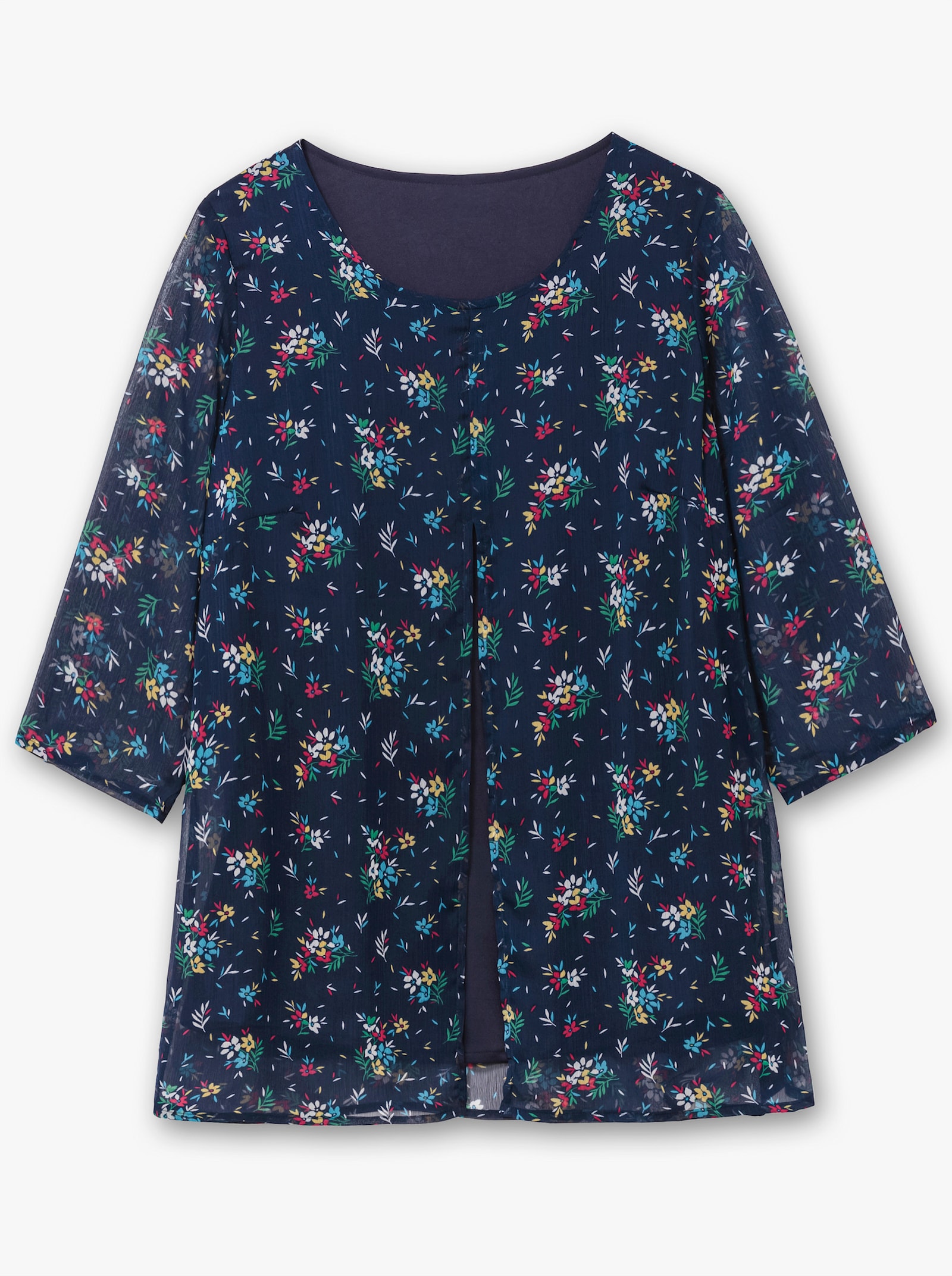 Longbluse im Lagenlook mit Chiffon - marine-pink-bedruckt