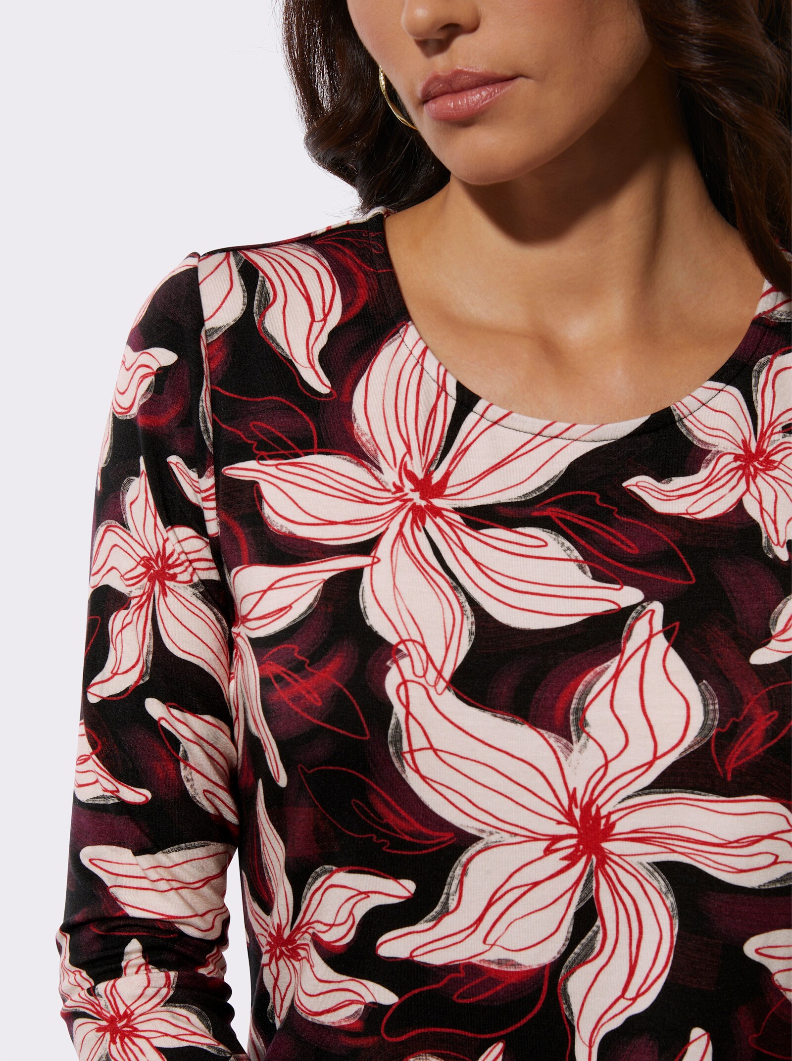 T-shirt à manches 3/4 au motif floral - noir-couleur ivoire imprimé