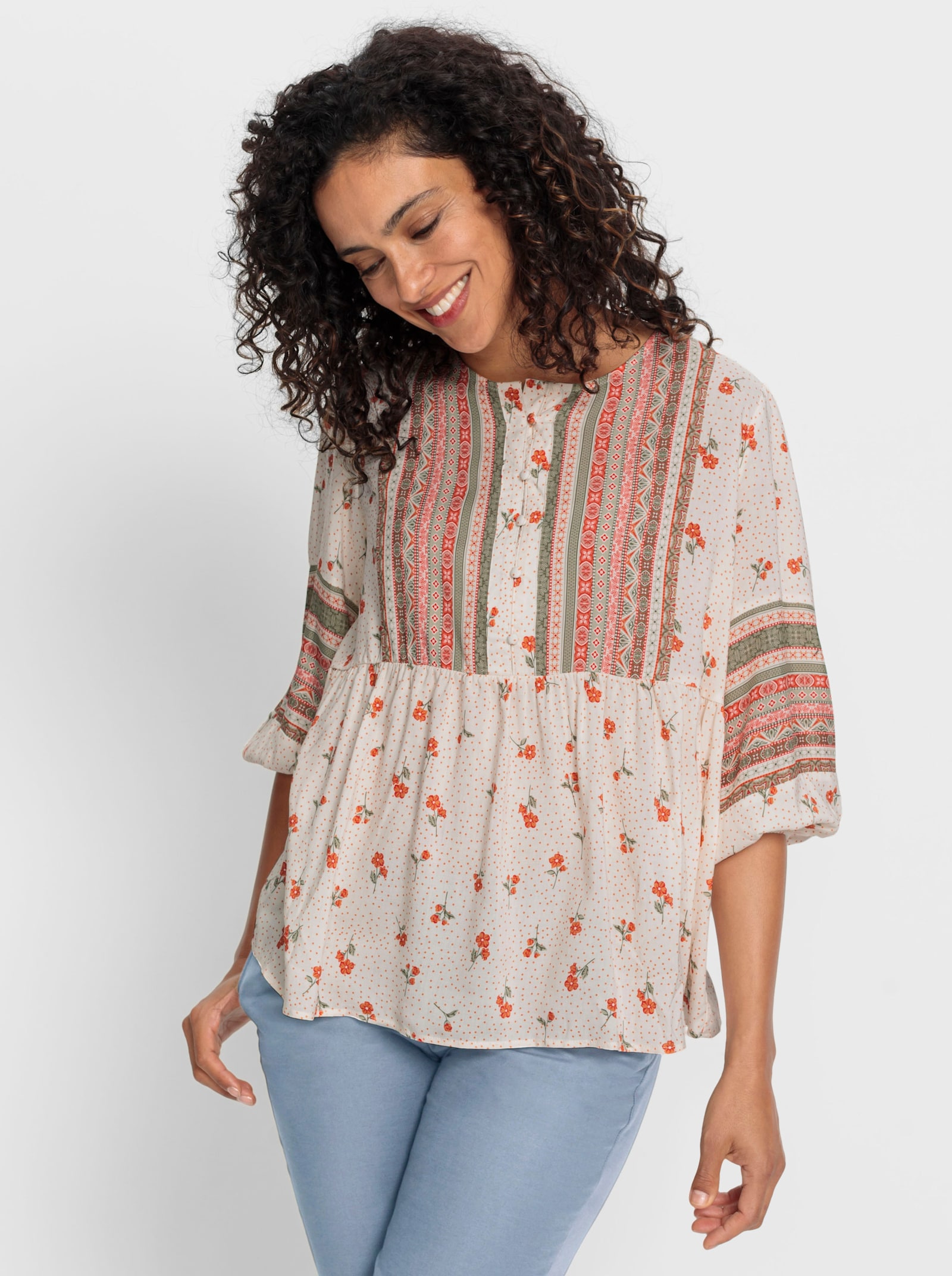 Druckbluse in A-Linie - champagner-papaya-bedruckt