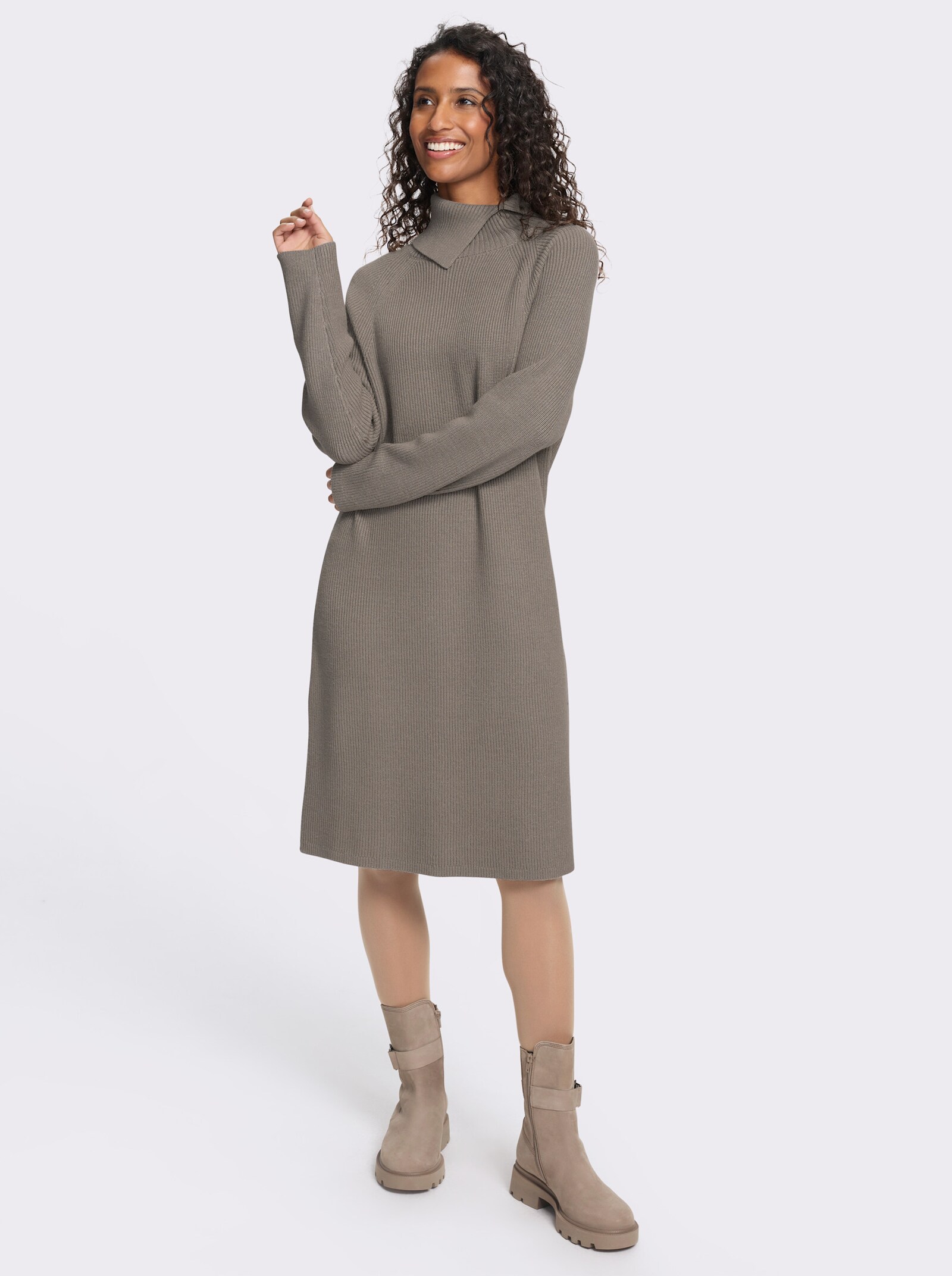 heine Strickkleid mit Umlegekragen - taupe-meliert