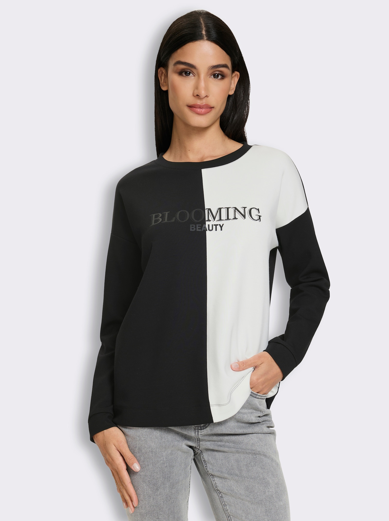 heine Sweatshirt mit Schriftzug vorn - schwarz-ecru-gemustert