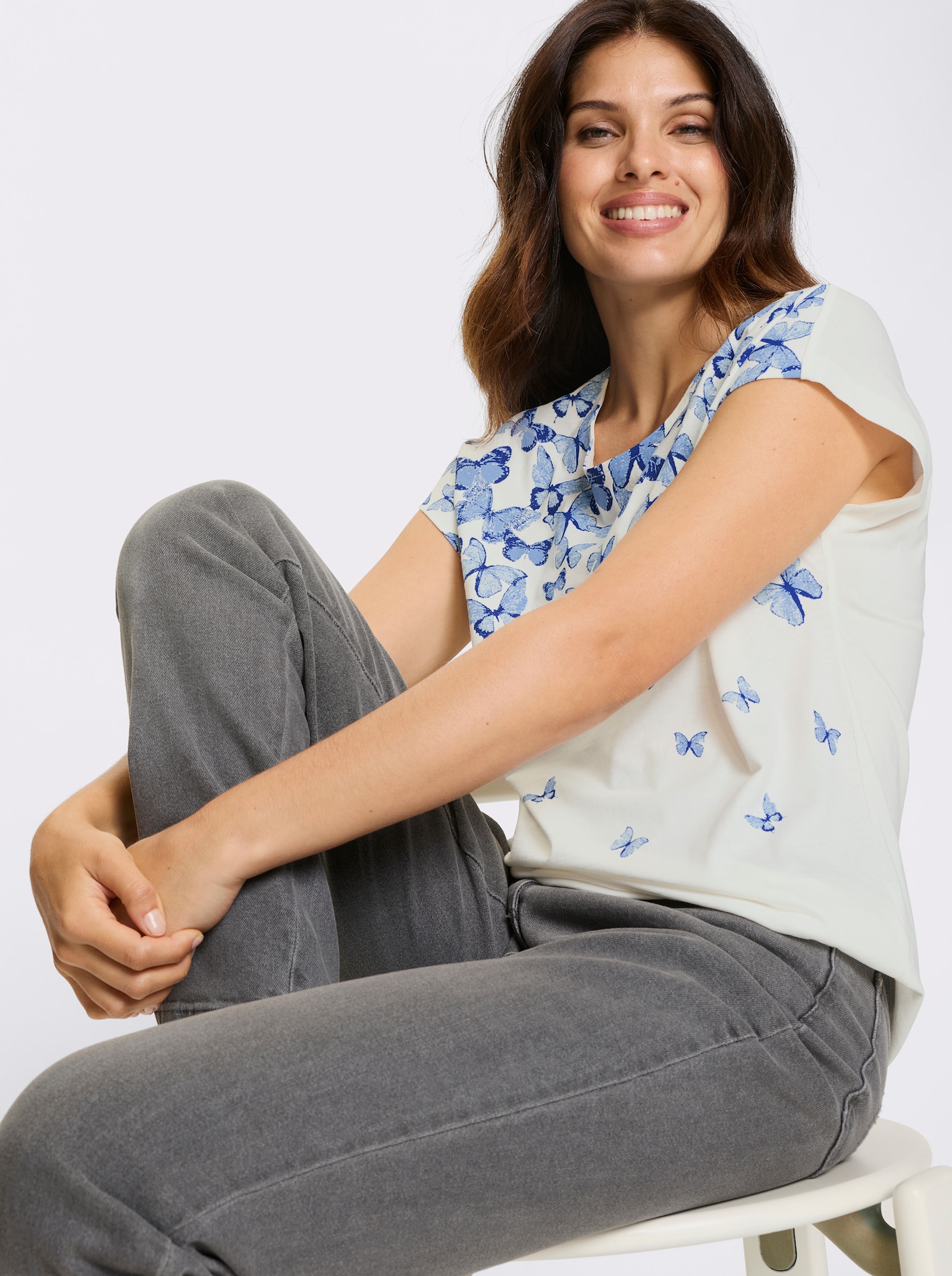 Shirt met korte mouwen en vlinderprint - ecru/koningsblauw