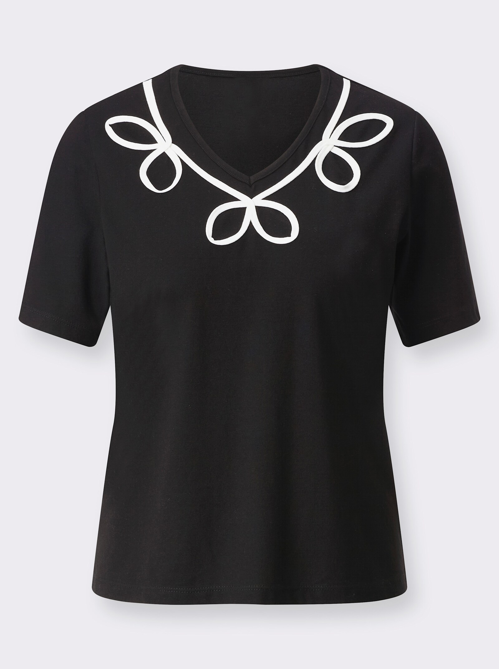 Kortärmad topp med maskinbroderi - svart-champagne-mönstrad