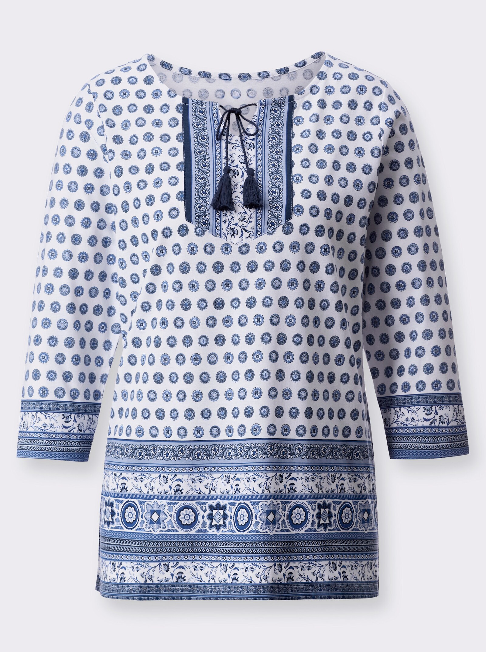 Tunika s bordurovým potiskem - bílá-tmavěmodrá-potisk