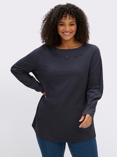 sheego Langarmshirt mit Zierperlen am Ausschnitt - tiefblau