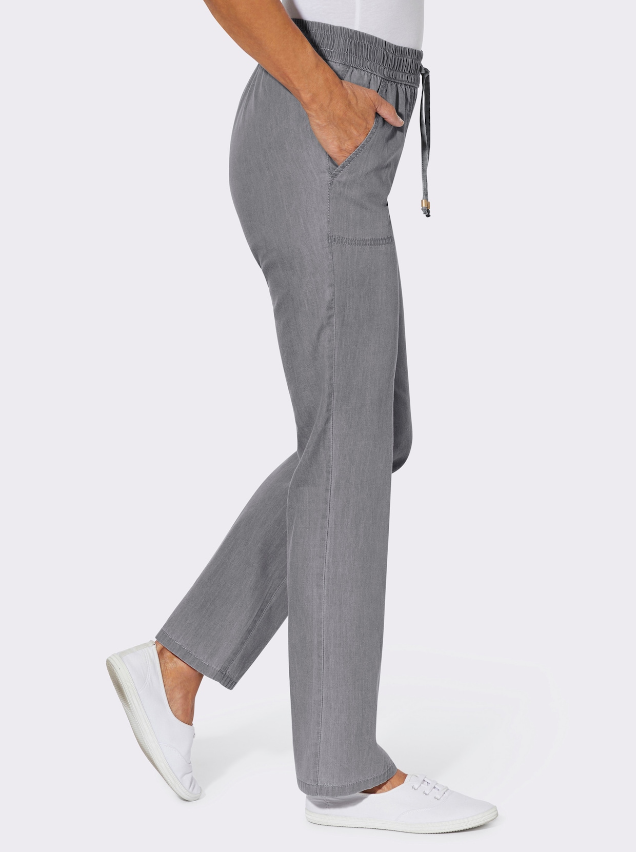 Schlupfjeans mit gesmoktem Bund - grey-denim