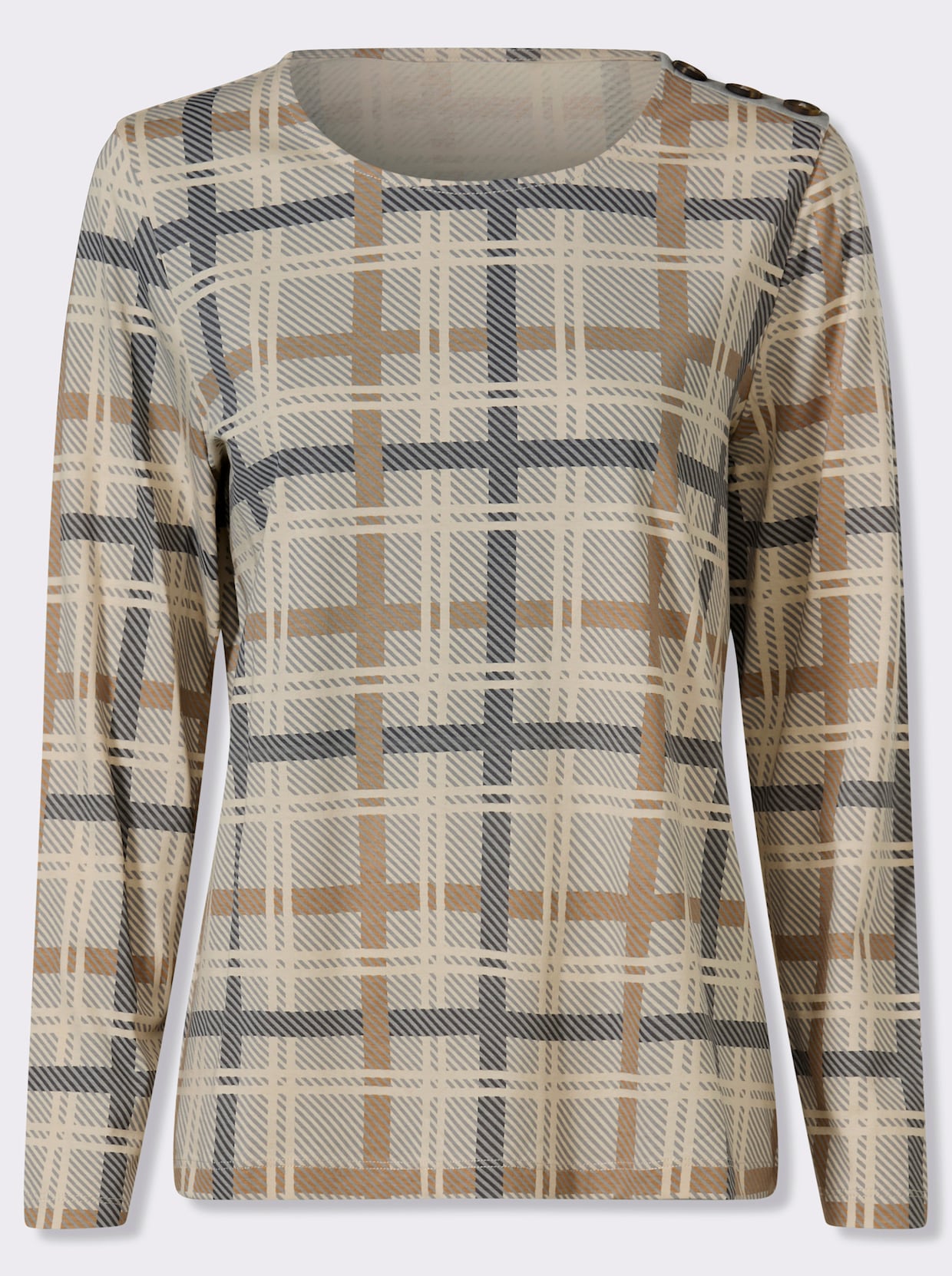 Långärmad topp med dekorknappslå - sand-antracit-med tryck