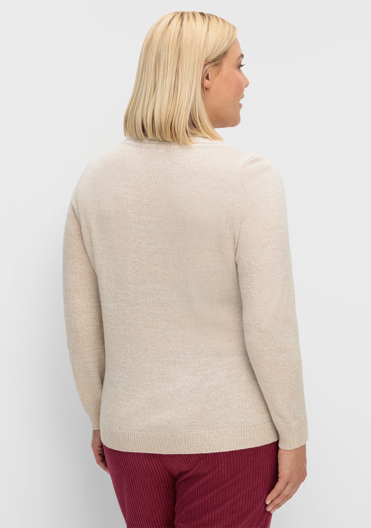 V-Ausschnitt-Pullover mit Rollkante - beige-meliert