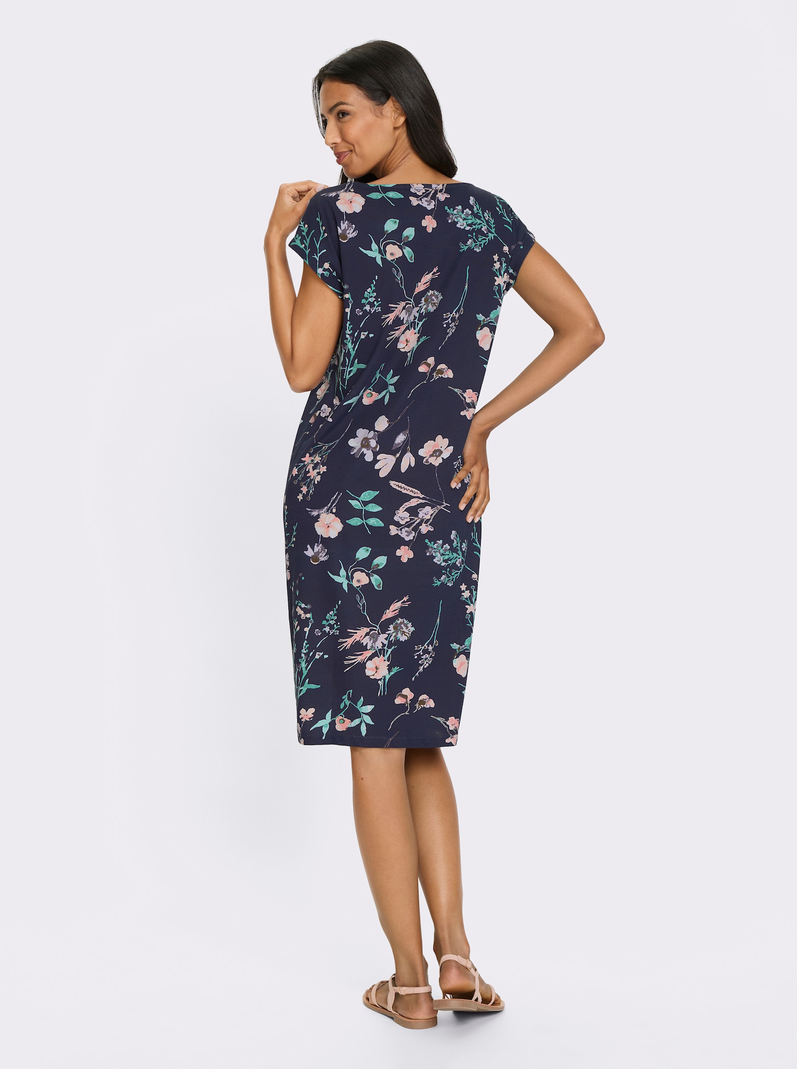 Šaty, džersej, odstrániteľná viazačka - Námornícka modrá a svetloružová potlač