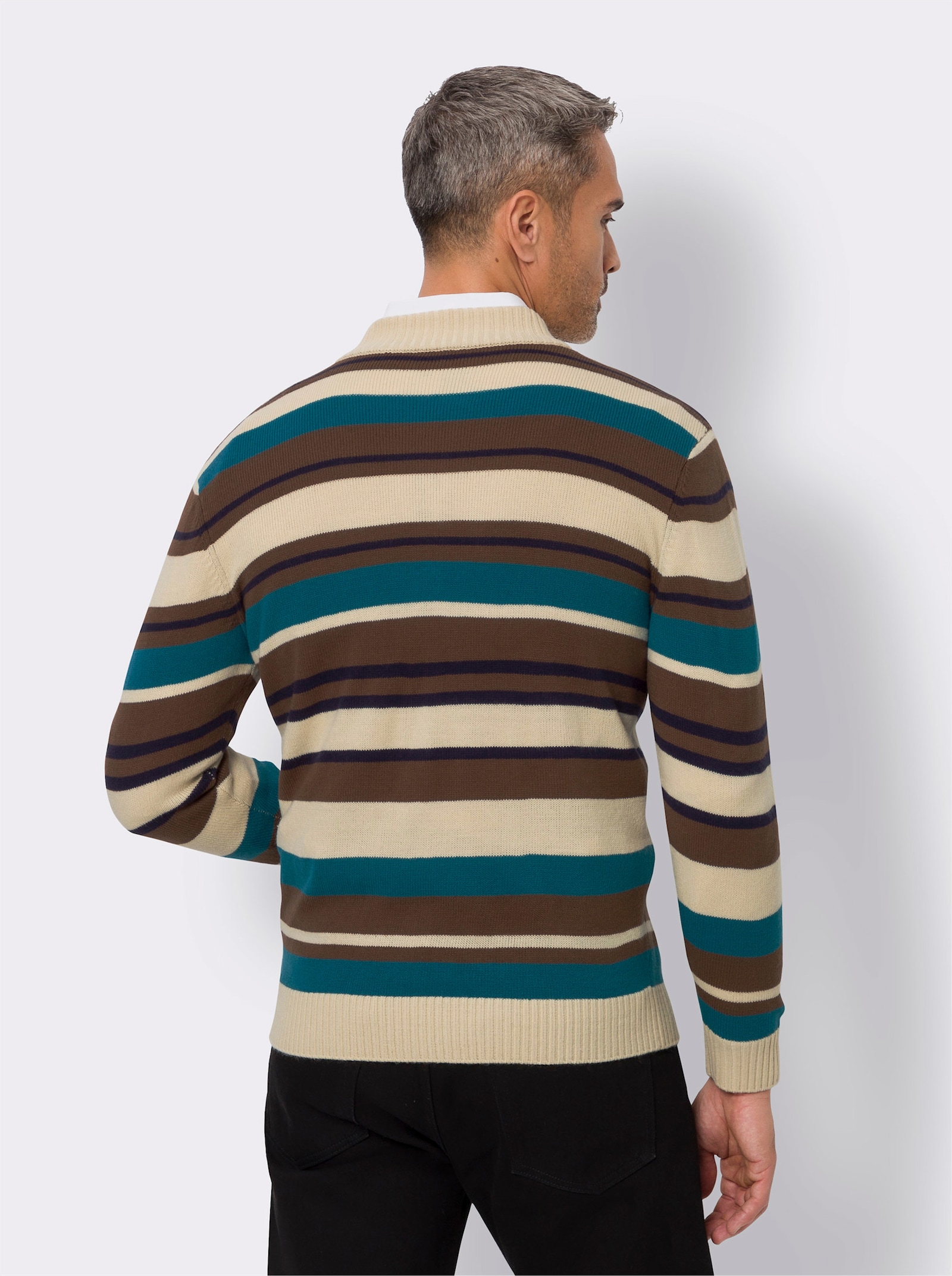 Stehkragenpullover im Ringel-Strickmuster - sand-schoko-gemustert