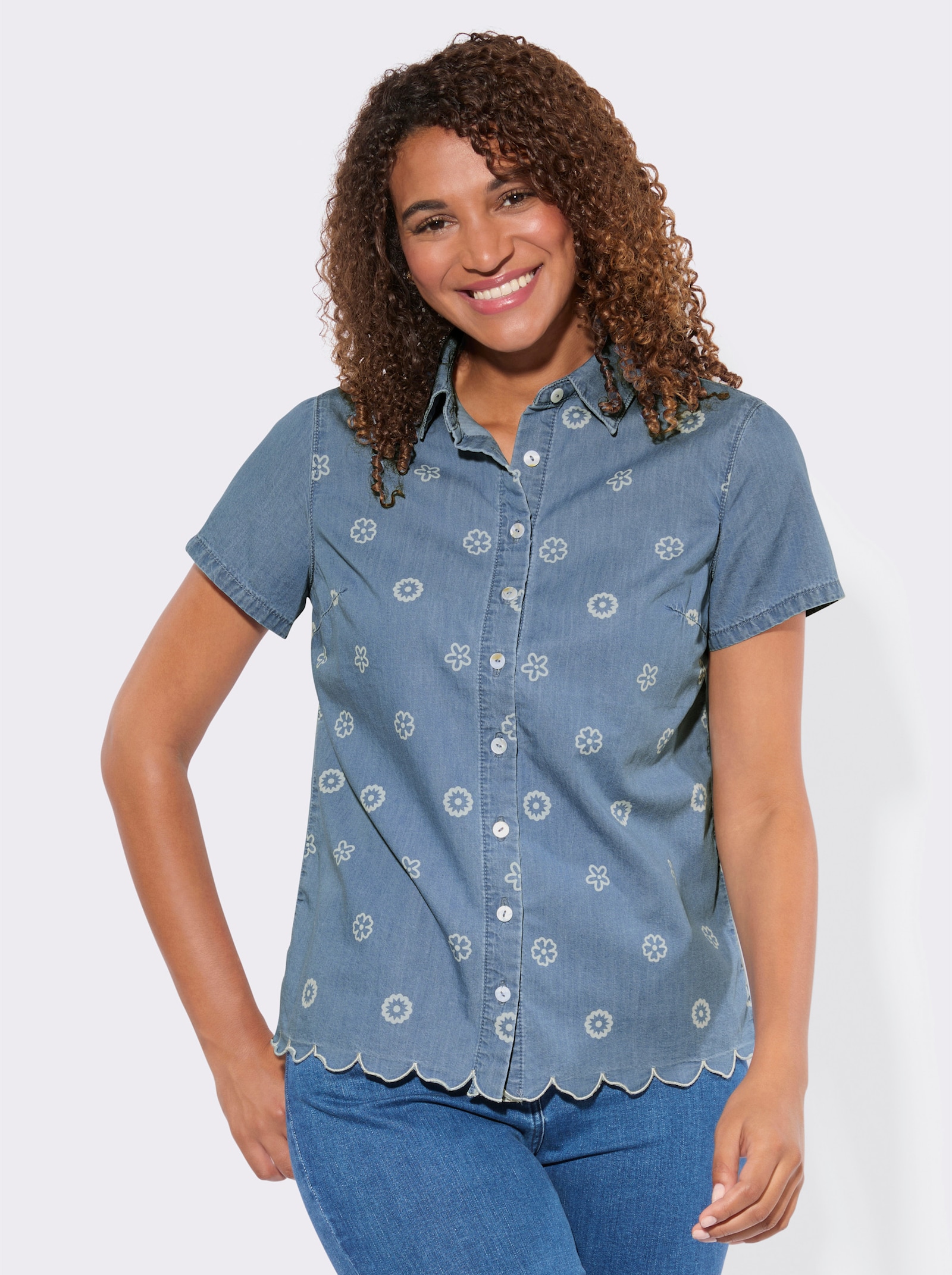Jeansbluse mit gebogtem Saum - blue-bleached