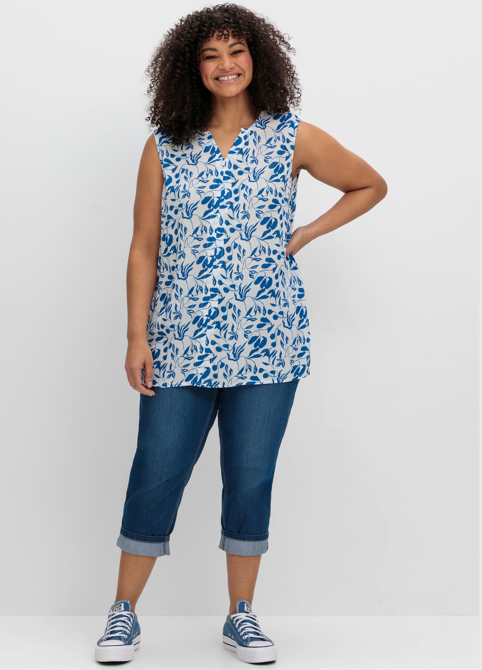 sheego Blusentop aus Crêpequalität, mit Blätterdruck - ecru-gemustert