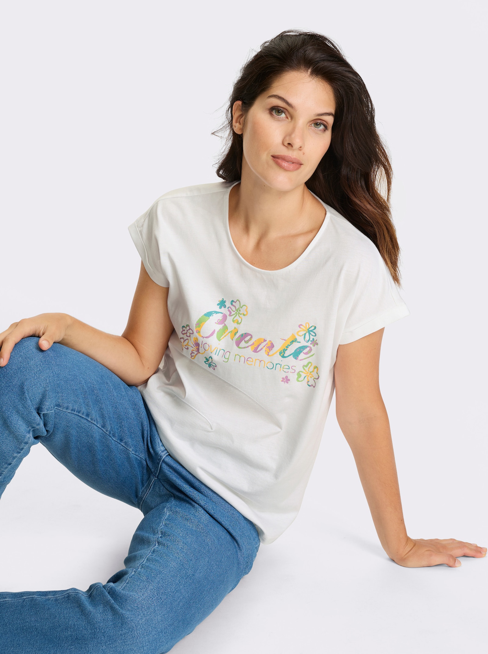 Kurzarmshirt mit Schriftzug - weiß-gelb