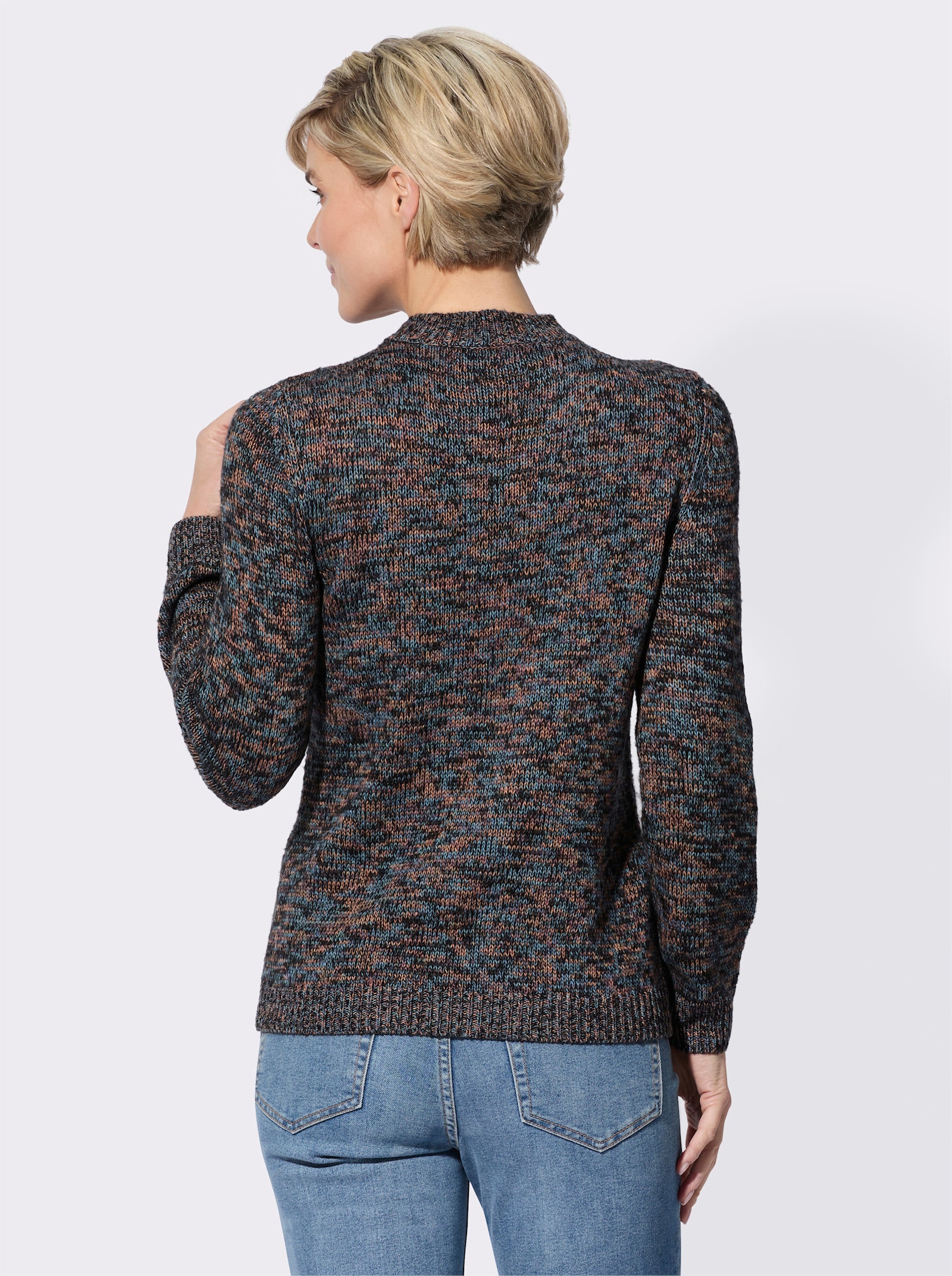 Stehkragenpullover mit Zopfmuster - schwarz-papaya-meliert