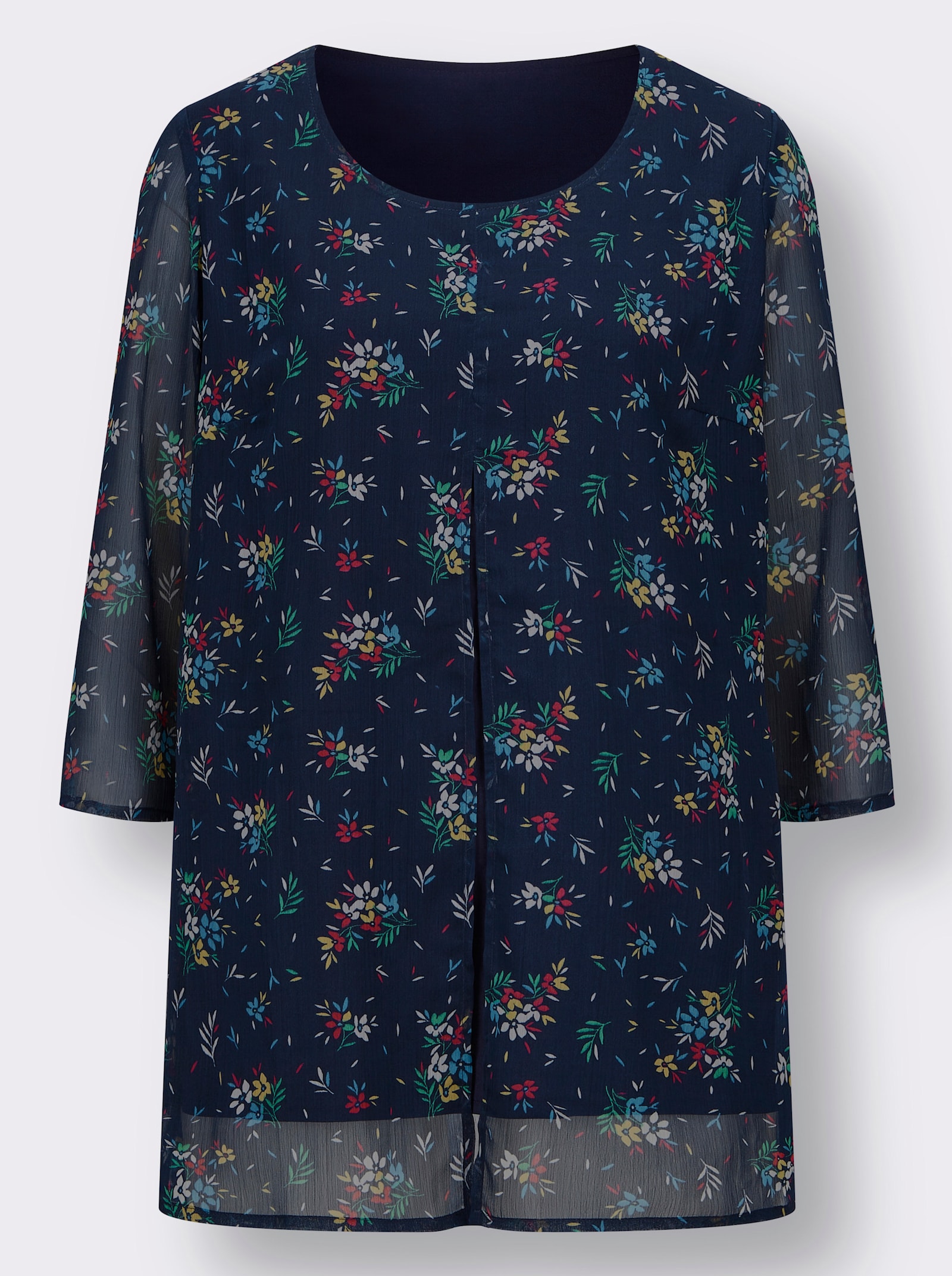 Longbluse im Lagenlook mit Chiffon - marine-pink-bedruckt