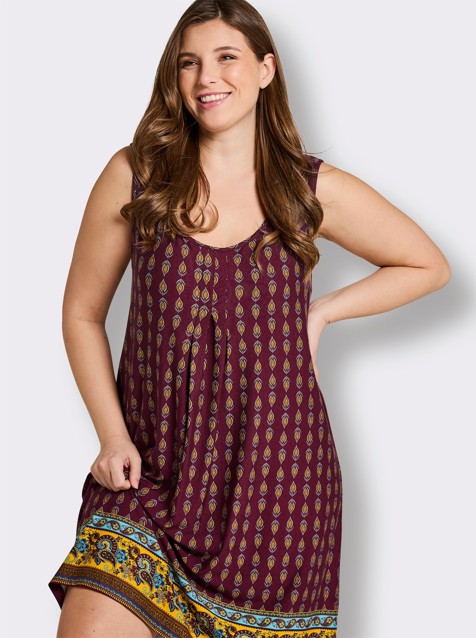 sheego Druckkleid mit Biesen - bordeaux-burgund-bedruckt