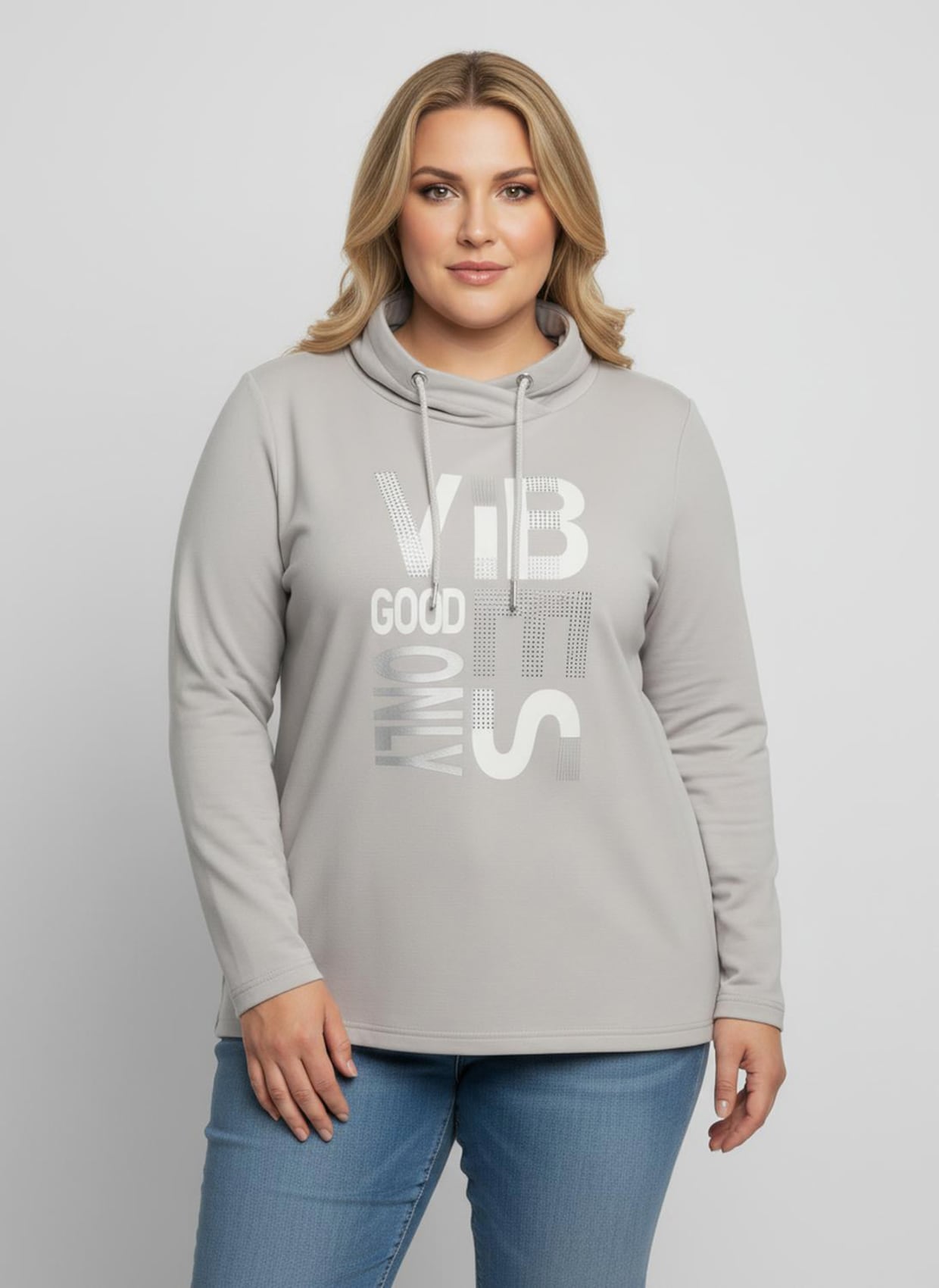 Langarmshirt mit silberfarbigem Print - hellgrau