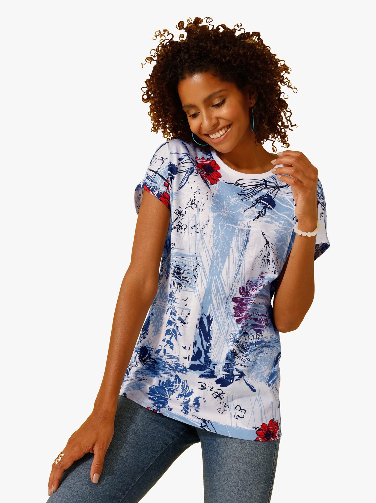 T-shirt - wit/blauw gedessineerd