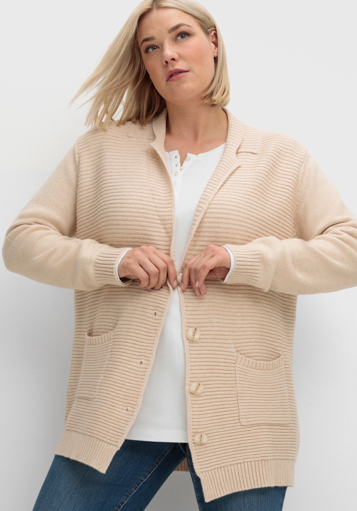 Strickjacke mit Ripp-Muster vorne - elfenbein-meliert