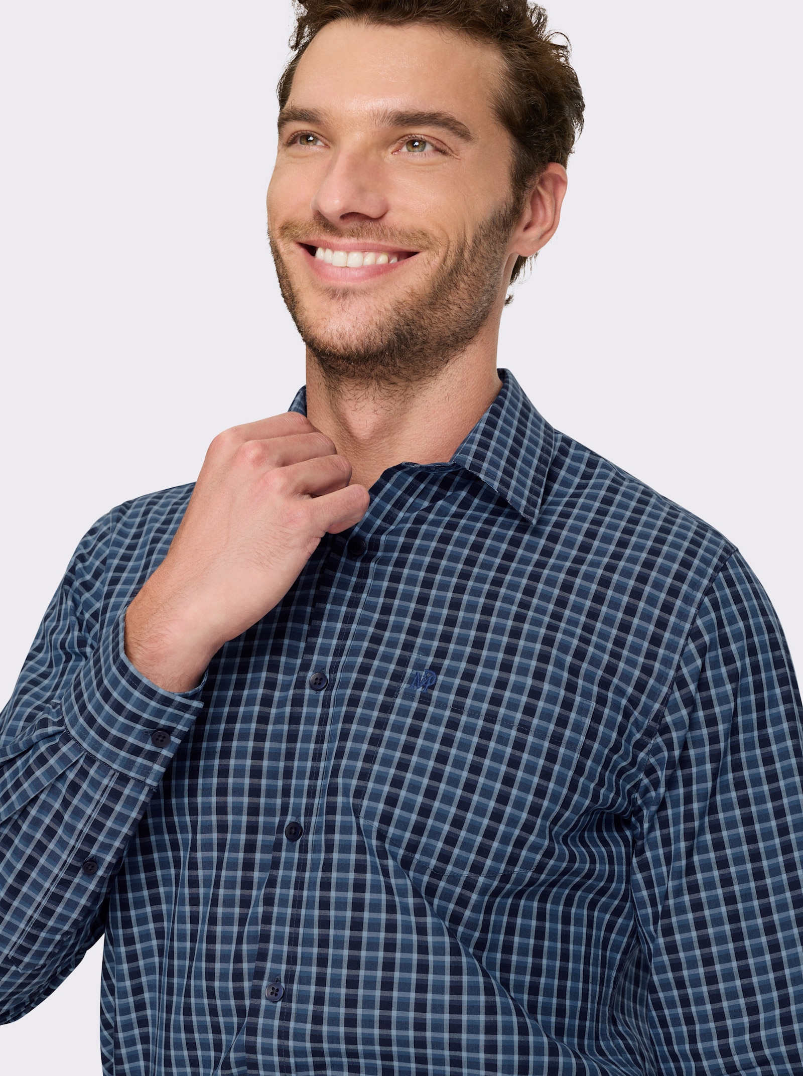 Marco Donati Langarmhemd in bügelfreier Popeline-Qualität - marine-jeansblau-kariert