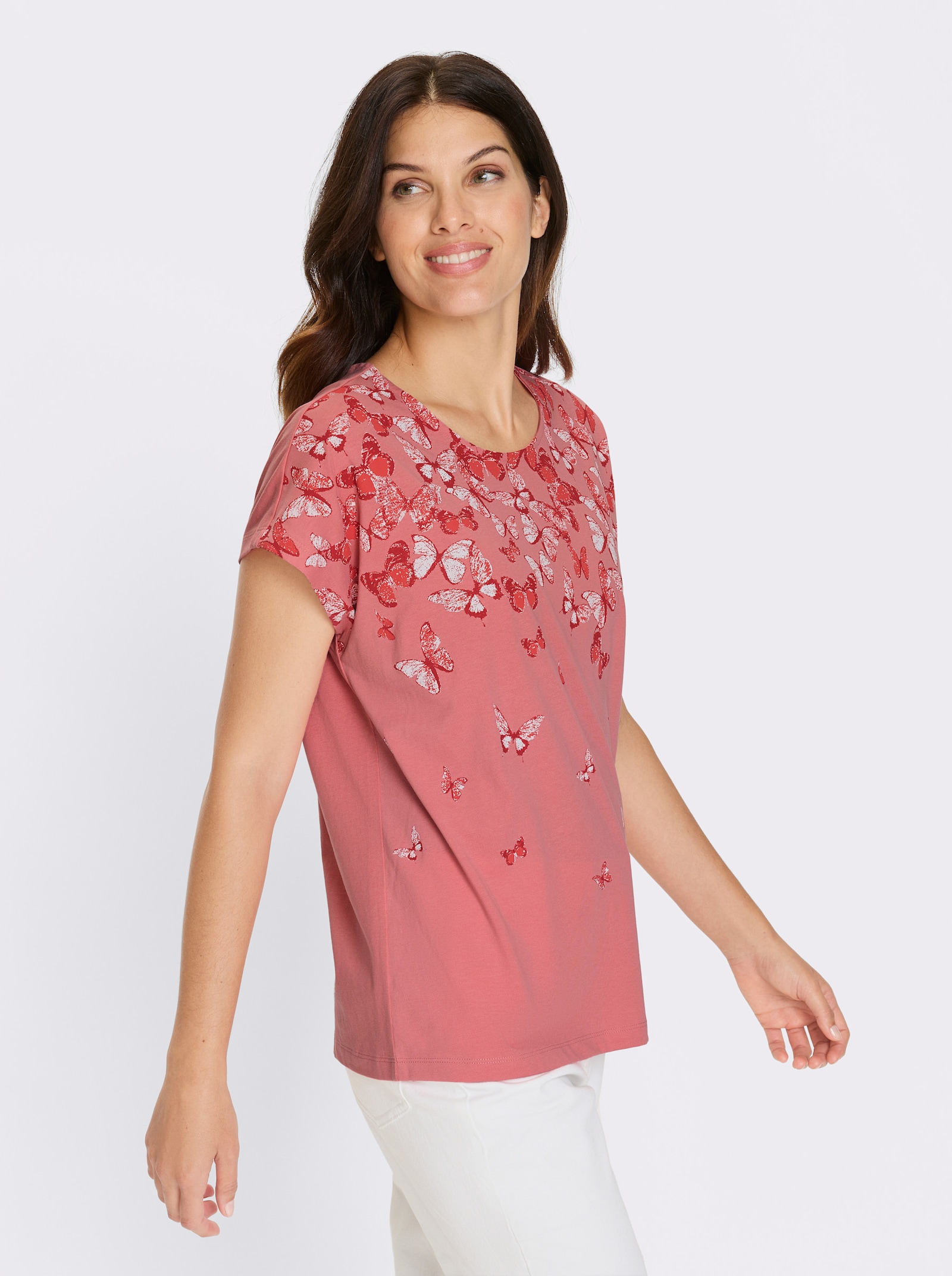 Kurzarmshirt mit Schmetterlingsdruck - flamingo-erdbeere