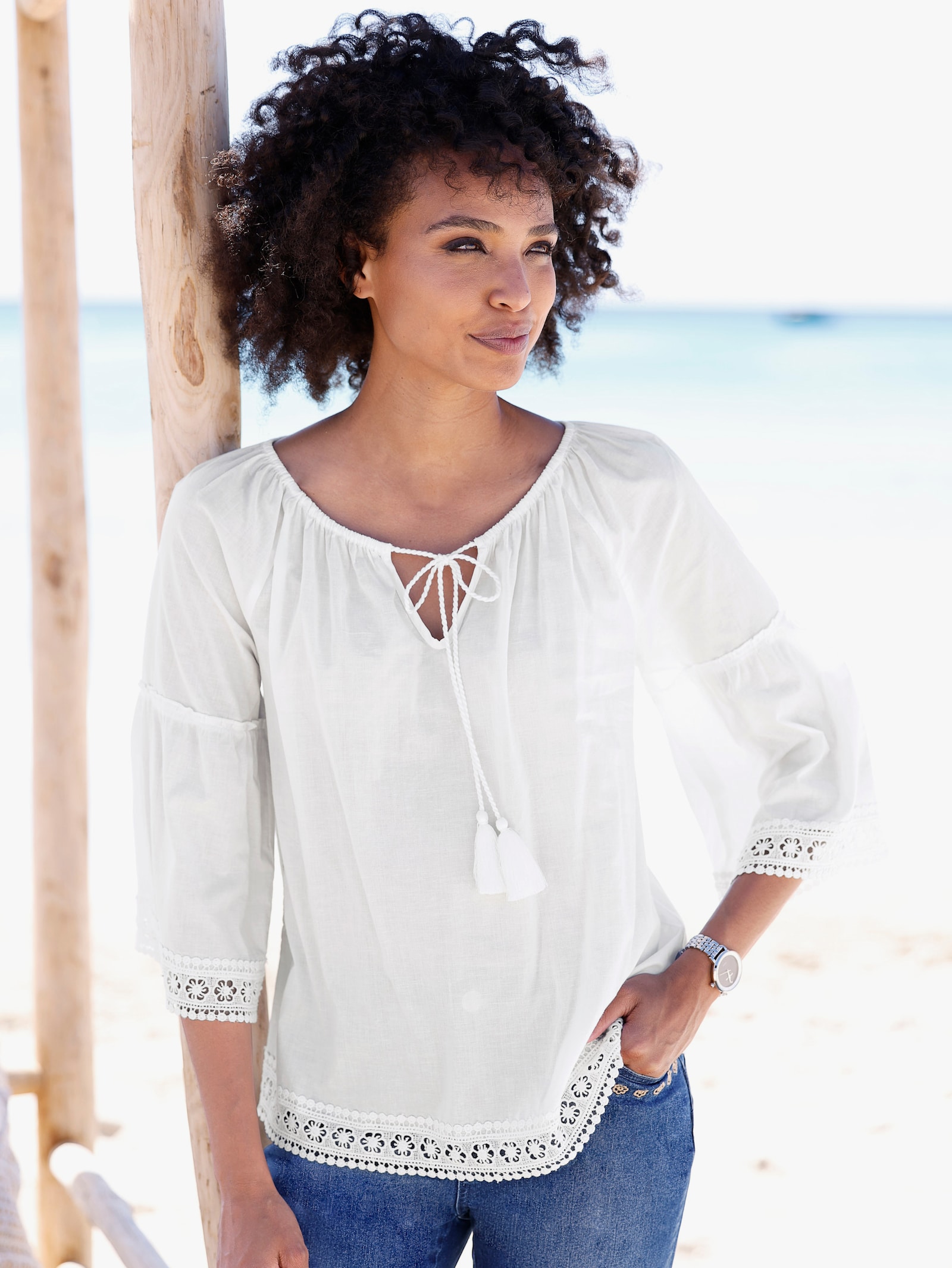 heine Baumwollbluse mit Spitzenbordüre - ecru