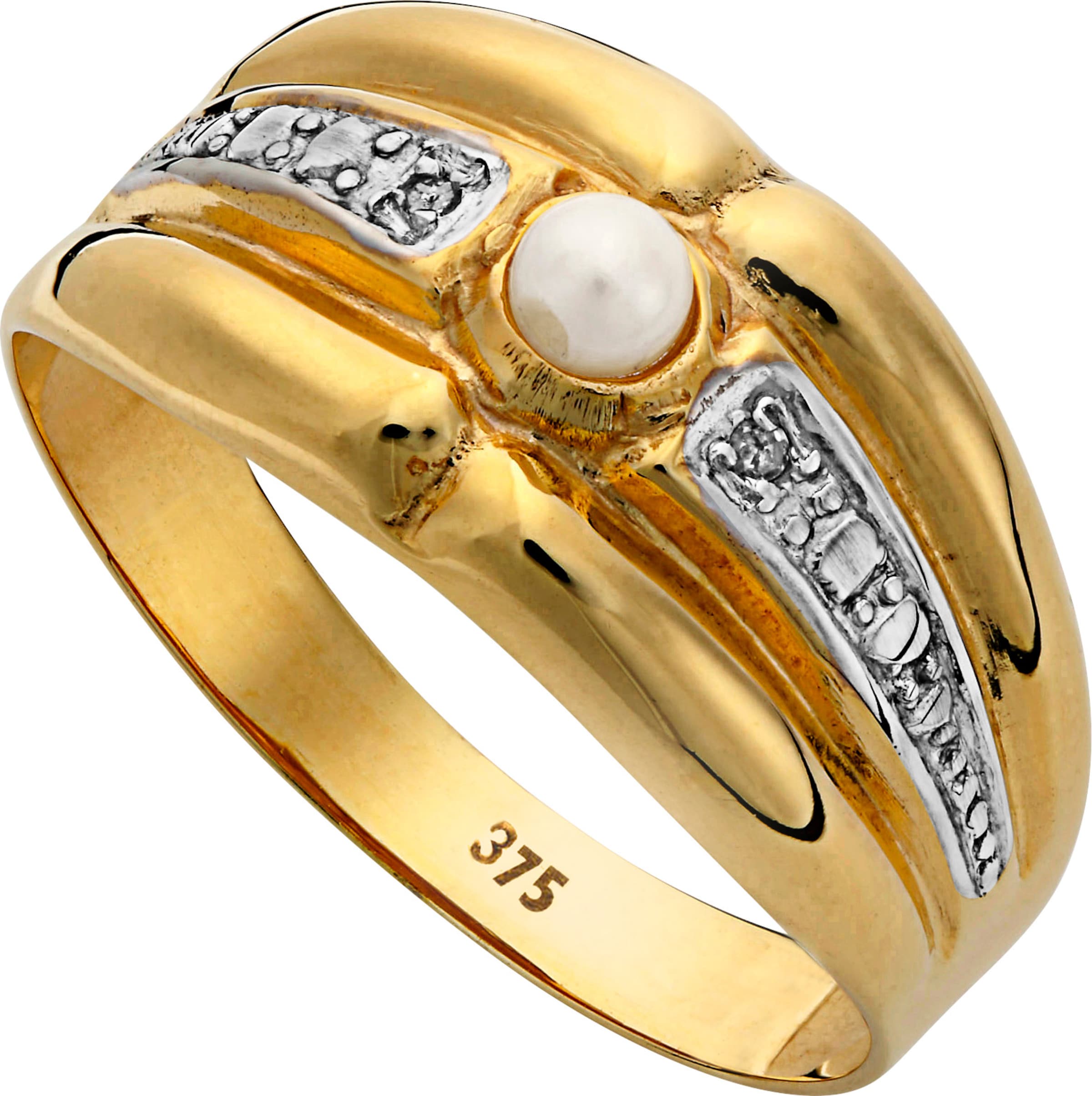 Gold Ring günstig Kaufen-Ring in Gelbgold 375 von heine. Ring in Gelbgold 375 von heine <![CDATA[Ein kleines Kunstwerk: Ring aus Gelbgold 375. Mit edler Süßwasserzuchtperle. ø ca. 2,5 mm. Mit 2 Diamanten.]]>. 