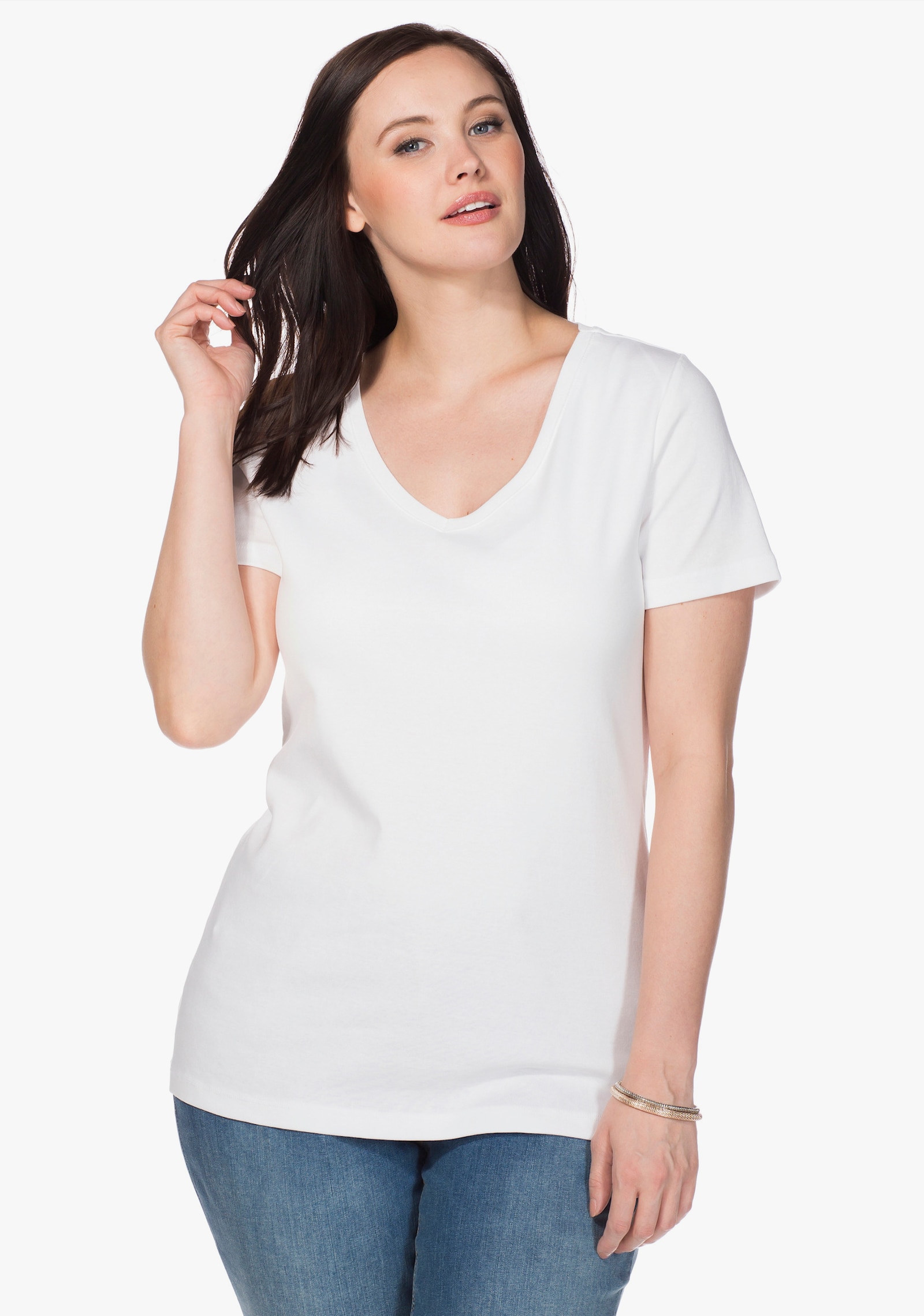 sheego T-shirt met V-hals, ribmateriaal - wit