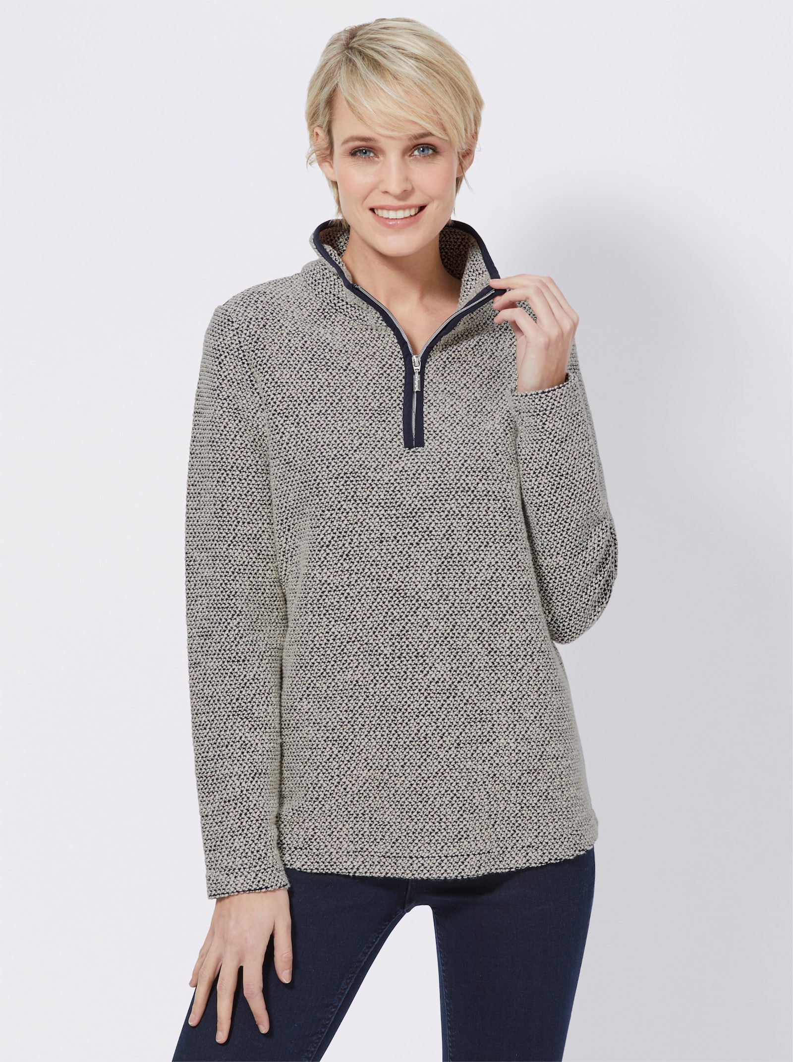 Langarmshirt mit Paspelierung, kontrastfarben - marine-weiß-gemustert