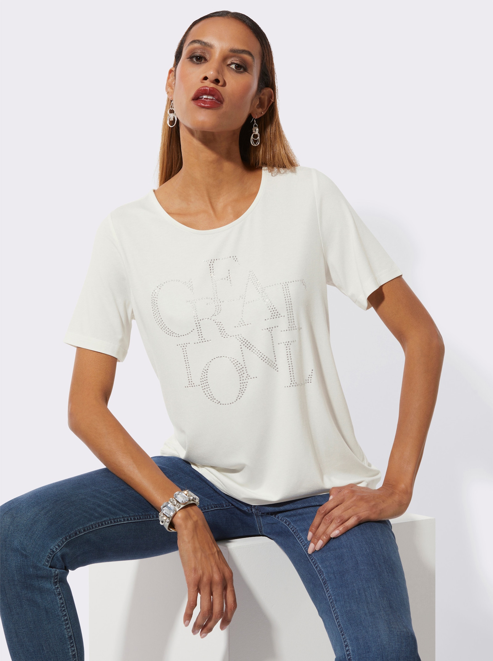 Kurzarmshirt mit Schriftzug aus Glitzersteinchen - ecru