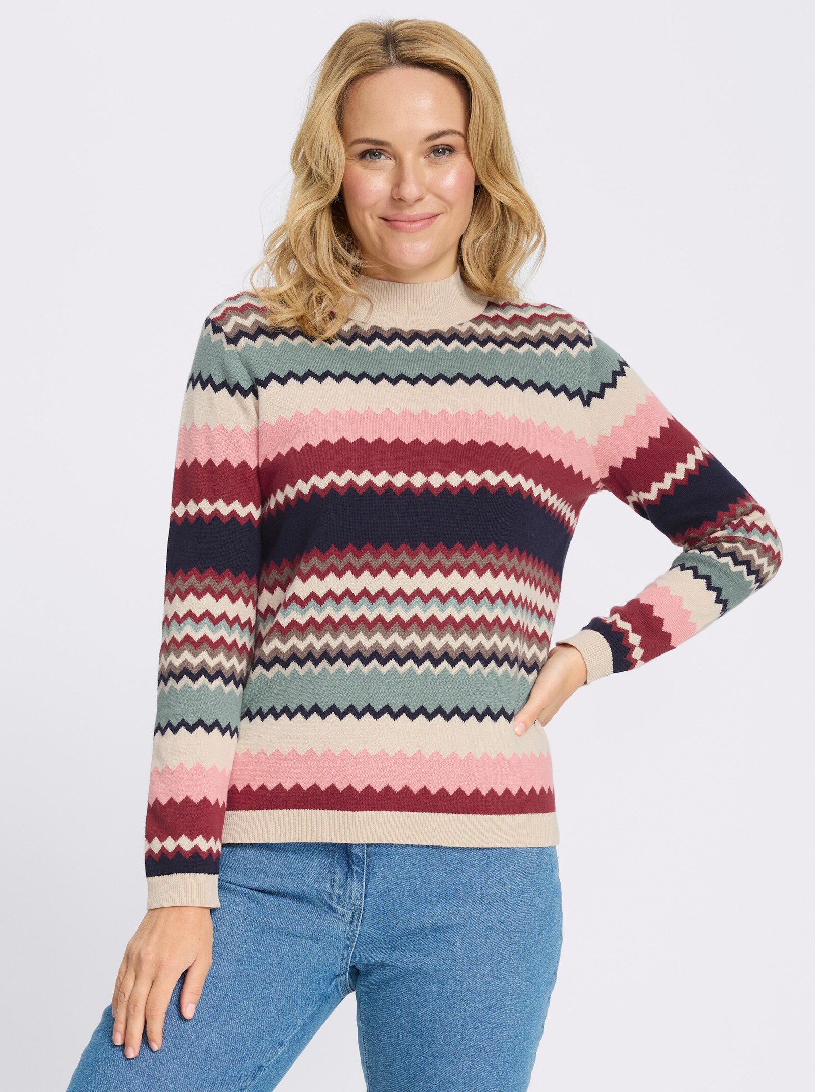 Stehkragenpullover in Jacquard-Strick - jade-kalkmint-geringelt