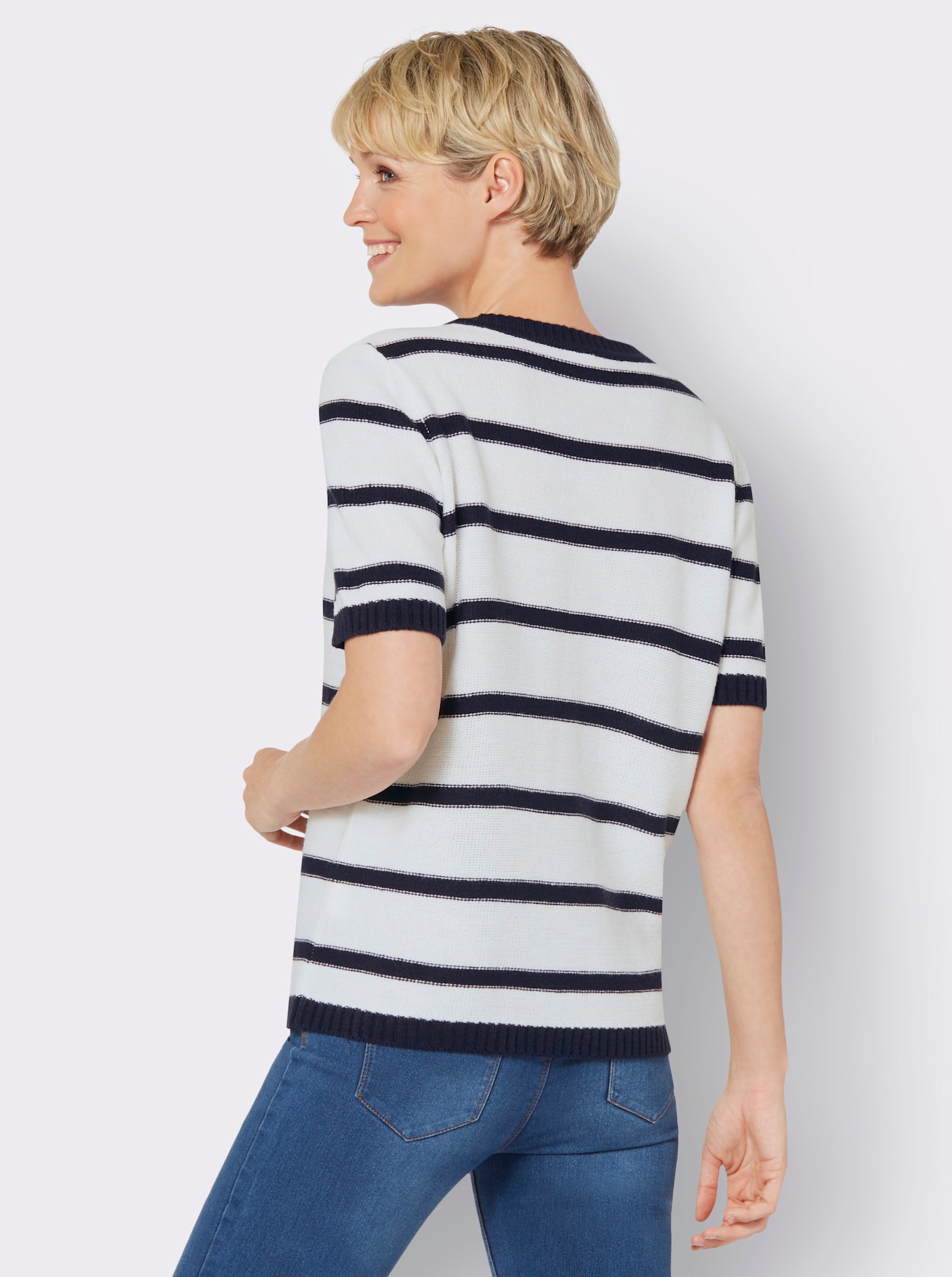 Svetr s krátkým rukávem a copánkovým vzorem - námořnická modrá-bílá-proužek