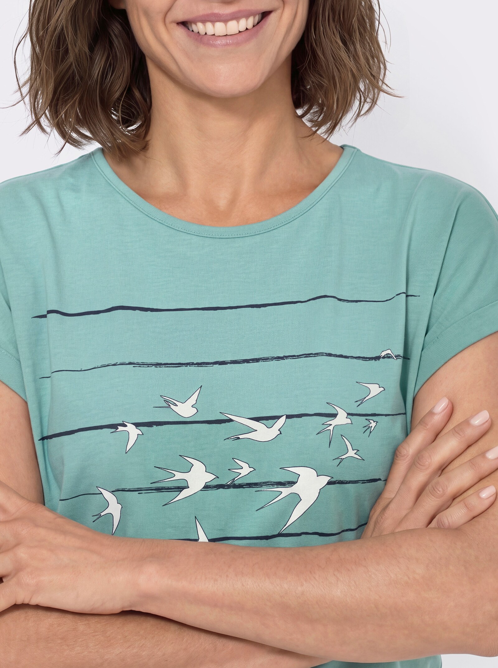 Print-Shirt mit überschnittenen Schultern - salbei-marine-bedruckt