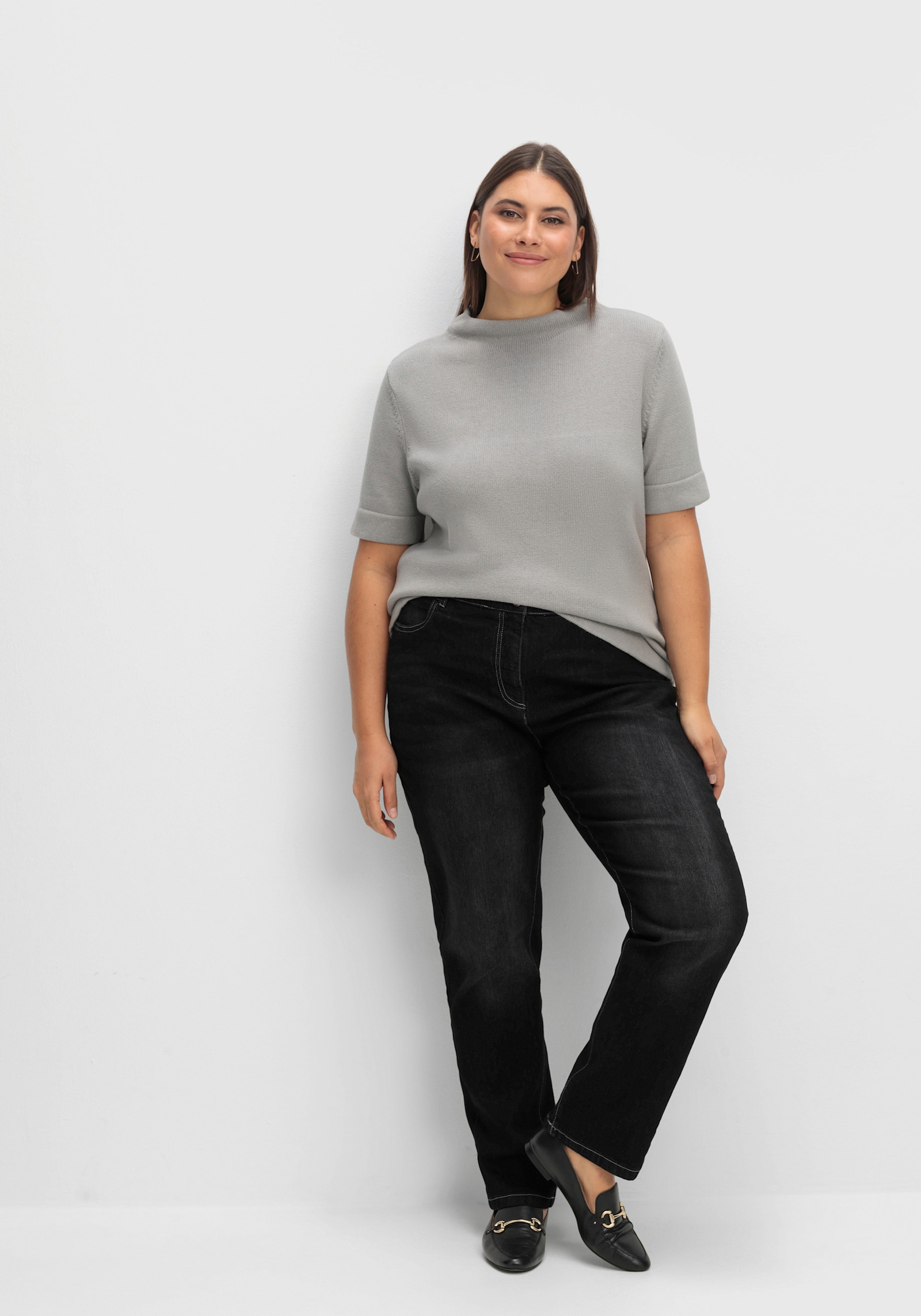 High-waist-Jeans mit innenliegendem Dehnbund - black denim