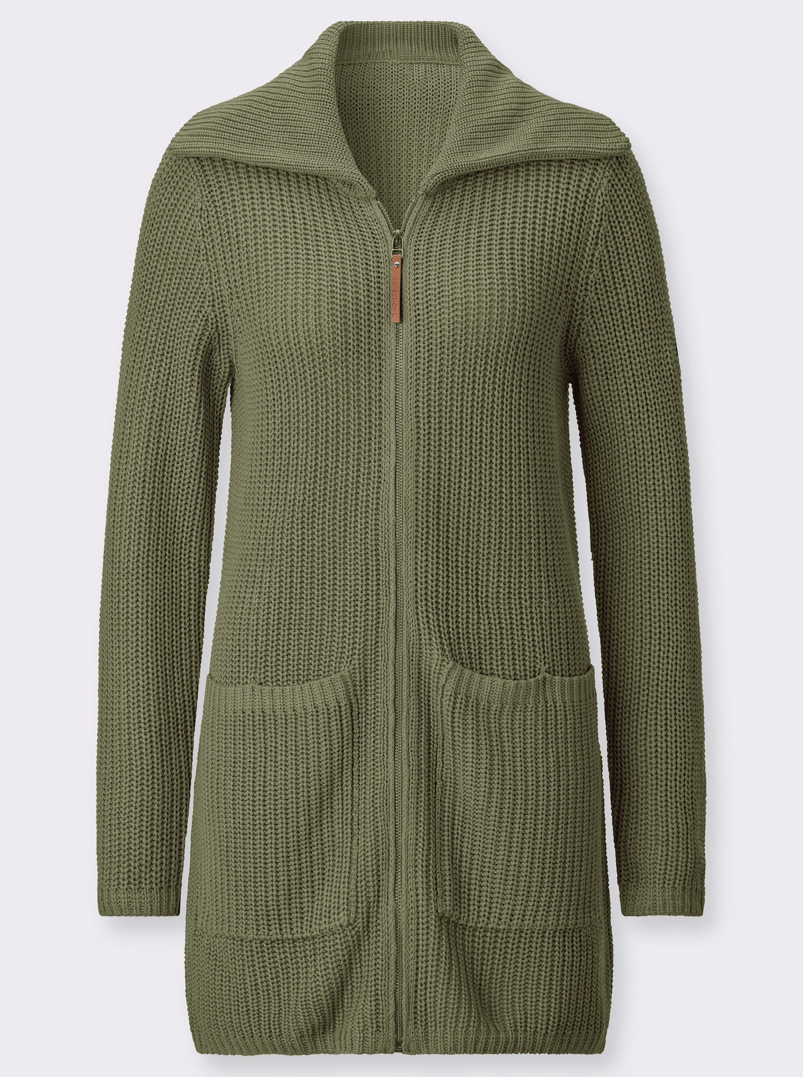 Longstrickjacke mit Umlegekragen - khaki